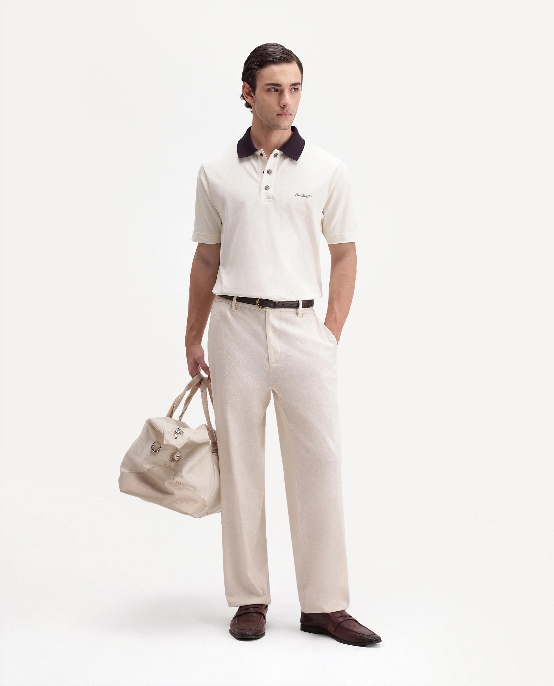 Rare Rabbit Men's Nolan Primary Off-White Cotton Blend Spread Collar Button Regular Plain Polo