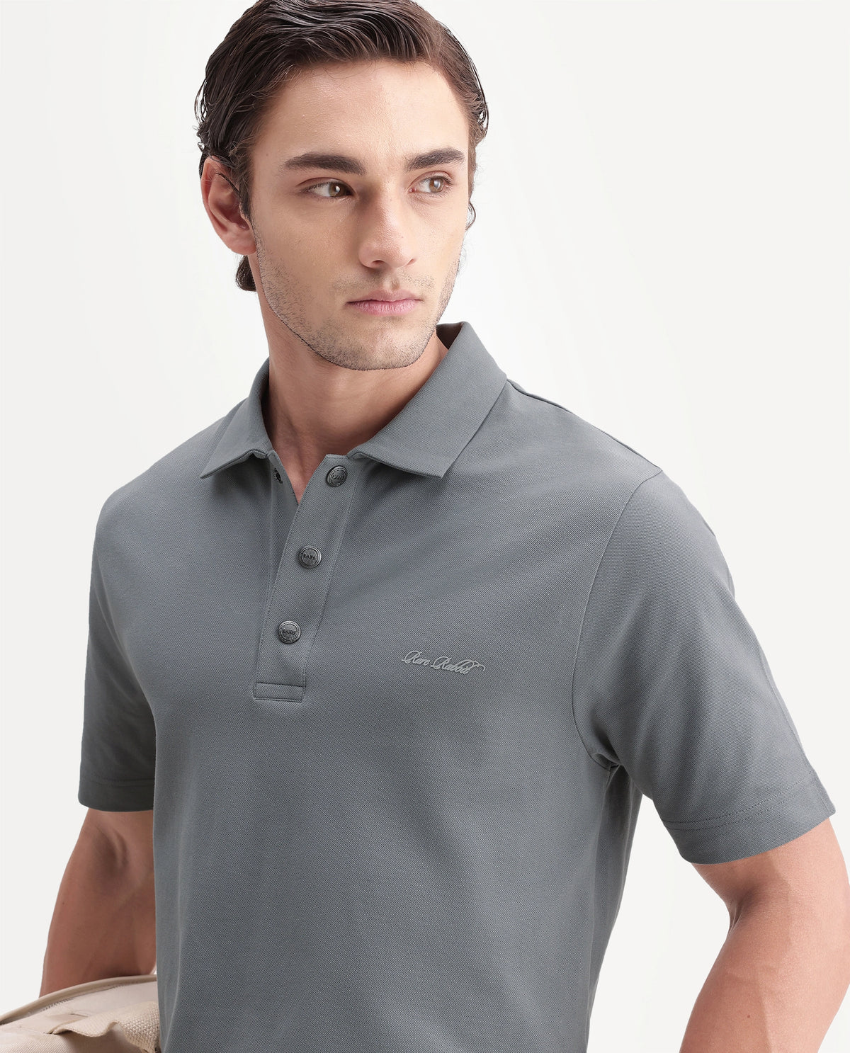Rare Rabbit Men's Nolan Dusky Green Cotton Blend Spread Collar Button Regular Plain Polo