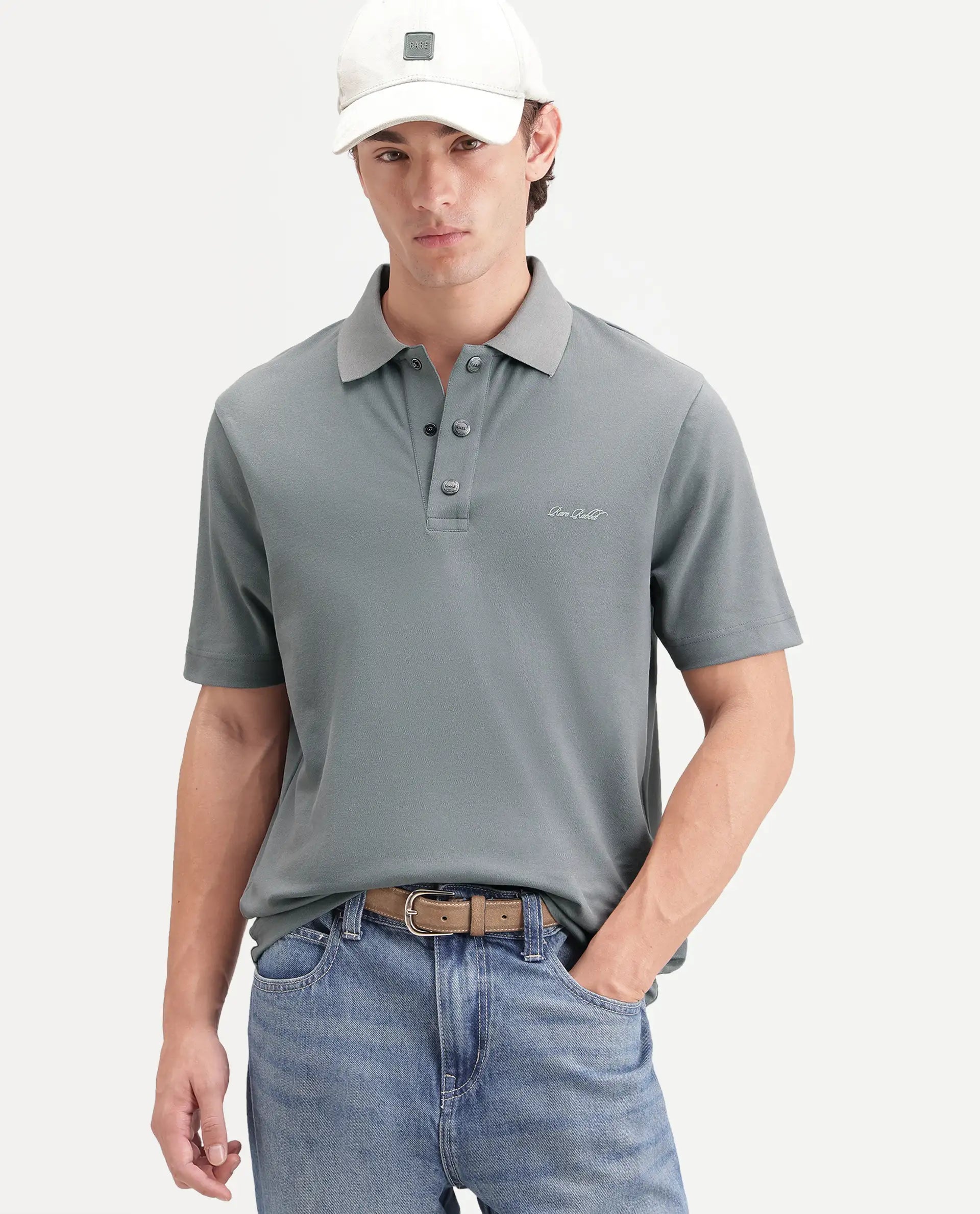 Rare Rabbit Men's Nolan Dusky Green Cotton Blend Spread Collar Button Regular Plain Polo