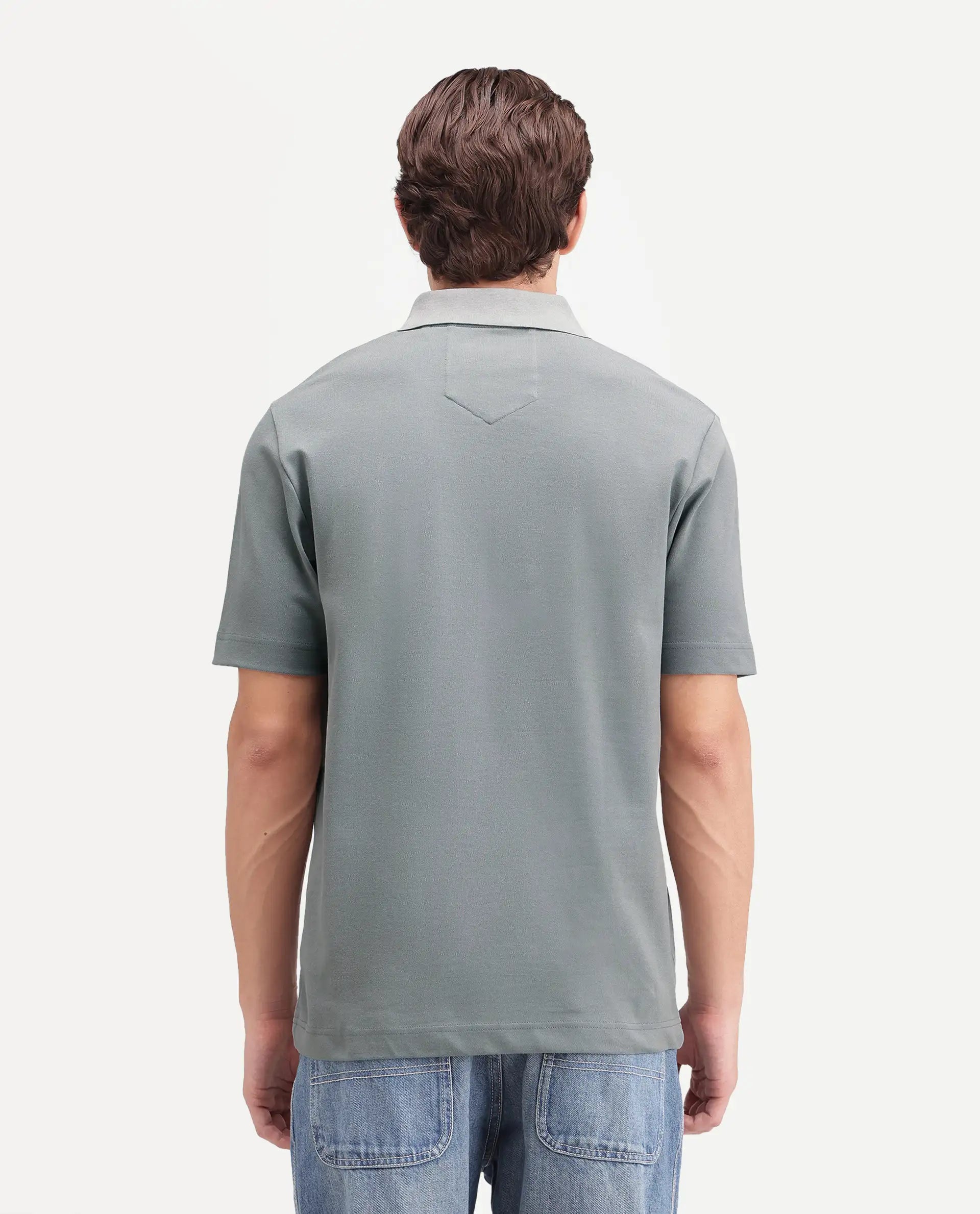 Rare Rabbit Men's Nolan Dusky Green Cotton Blend Spread Collar Button Regular Plain Polo
