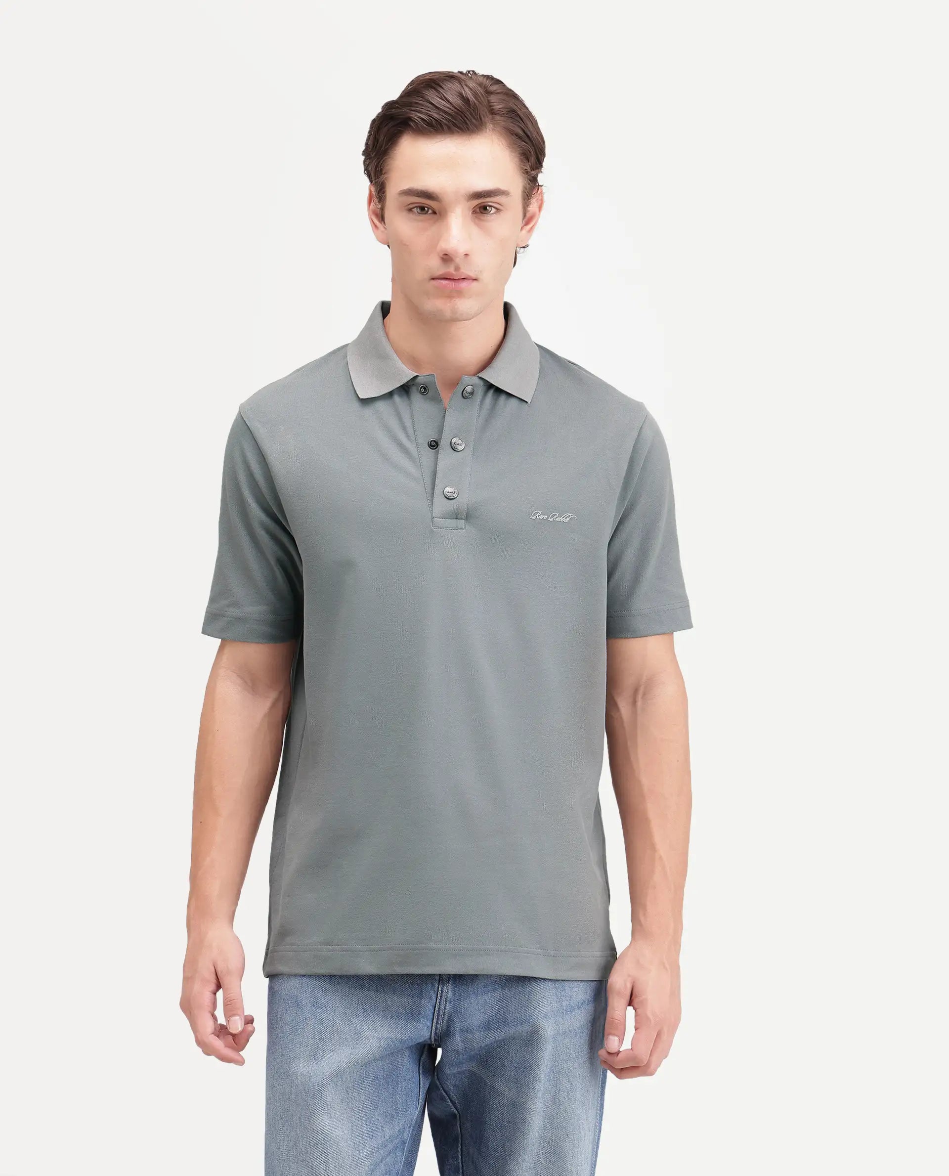 Rare Rabbit Men's Nolan Dusky Green Cotton Blend Spread Collar Button Regular Plain Polo
