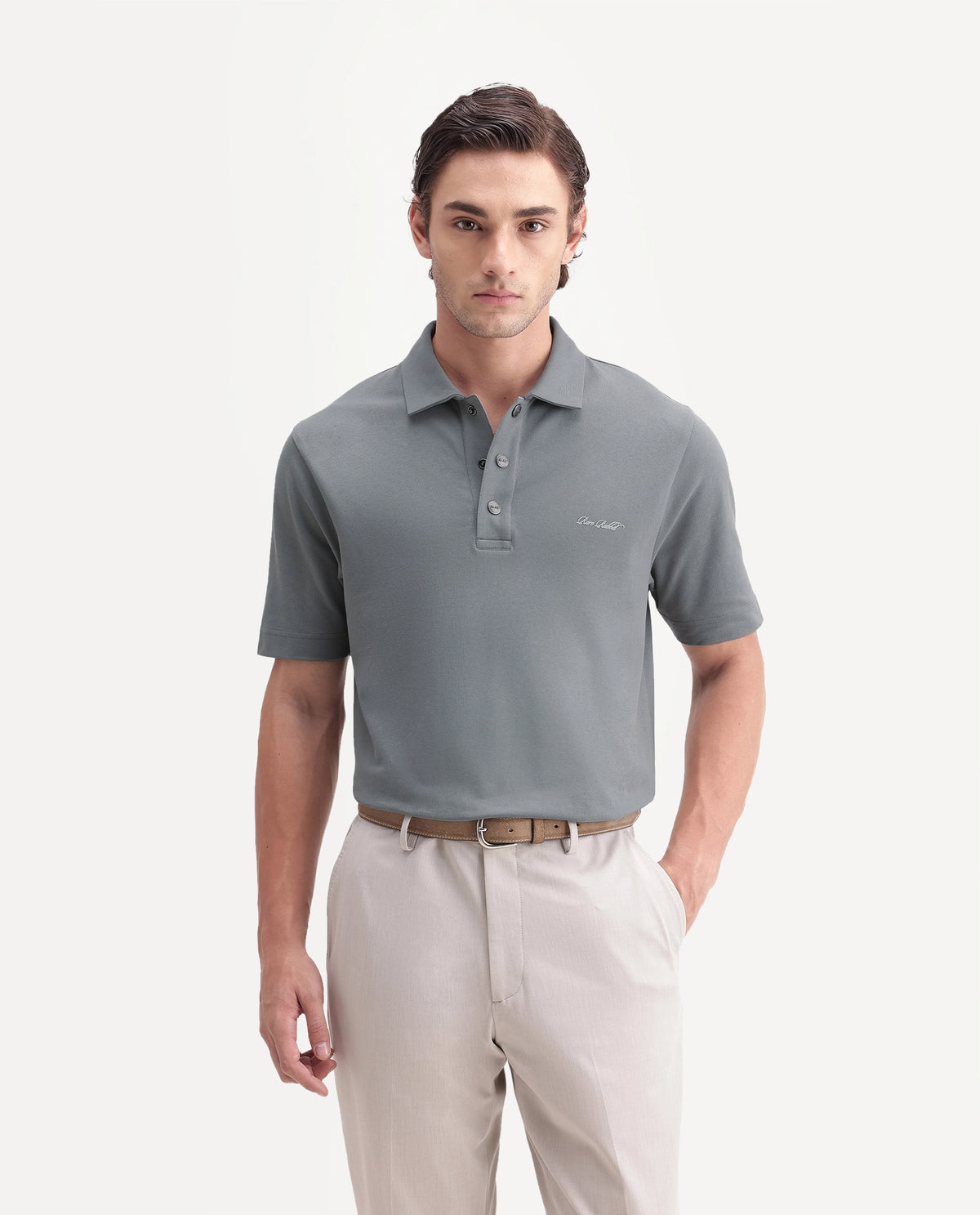 Rare Rabbit Men's Nolan Dusky Green Cotton Blend Spread Collar Button Regular Plain Polo