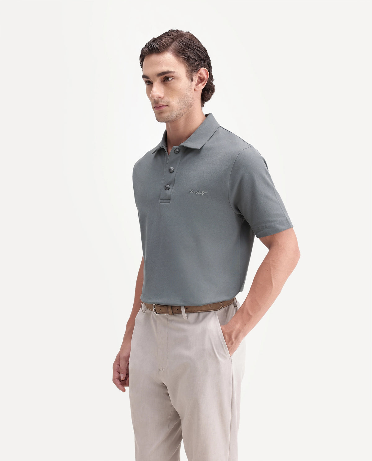 Rare Rabbit Men's Nolan Dusky Green Cotton Blend Spread Collar Button Regular Plain Polo