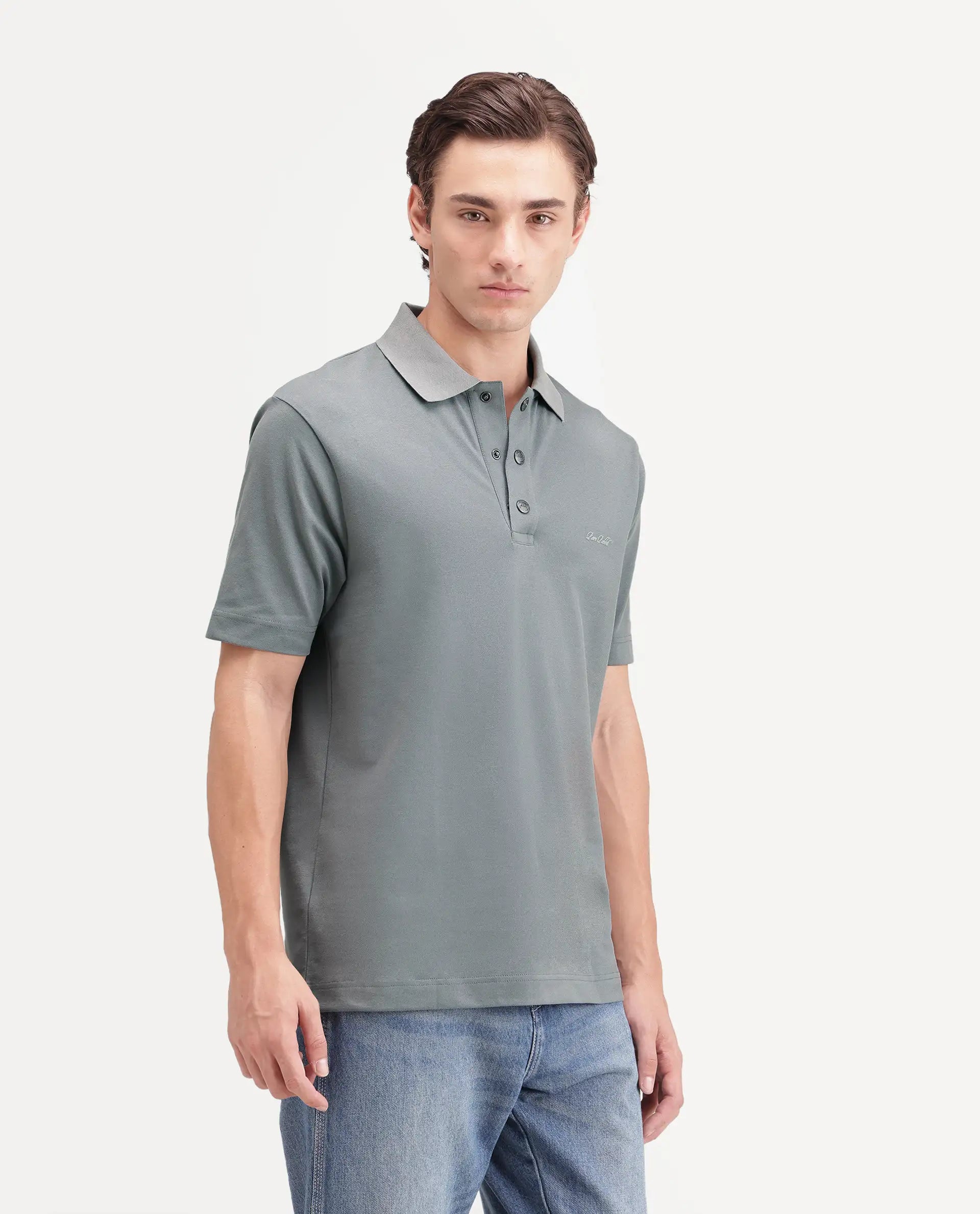 Rare Rabbit Men's Nolan Dusky Green Cotton Blend Spread Collar Button Regular Plain Polo