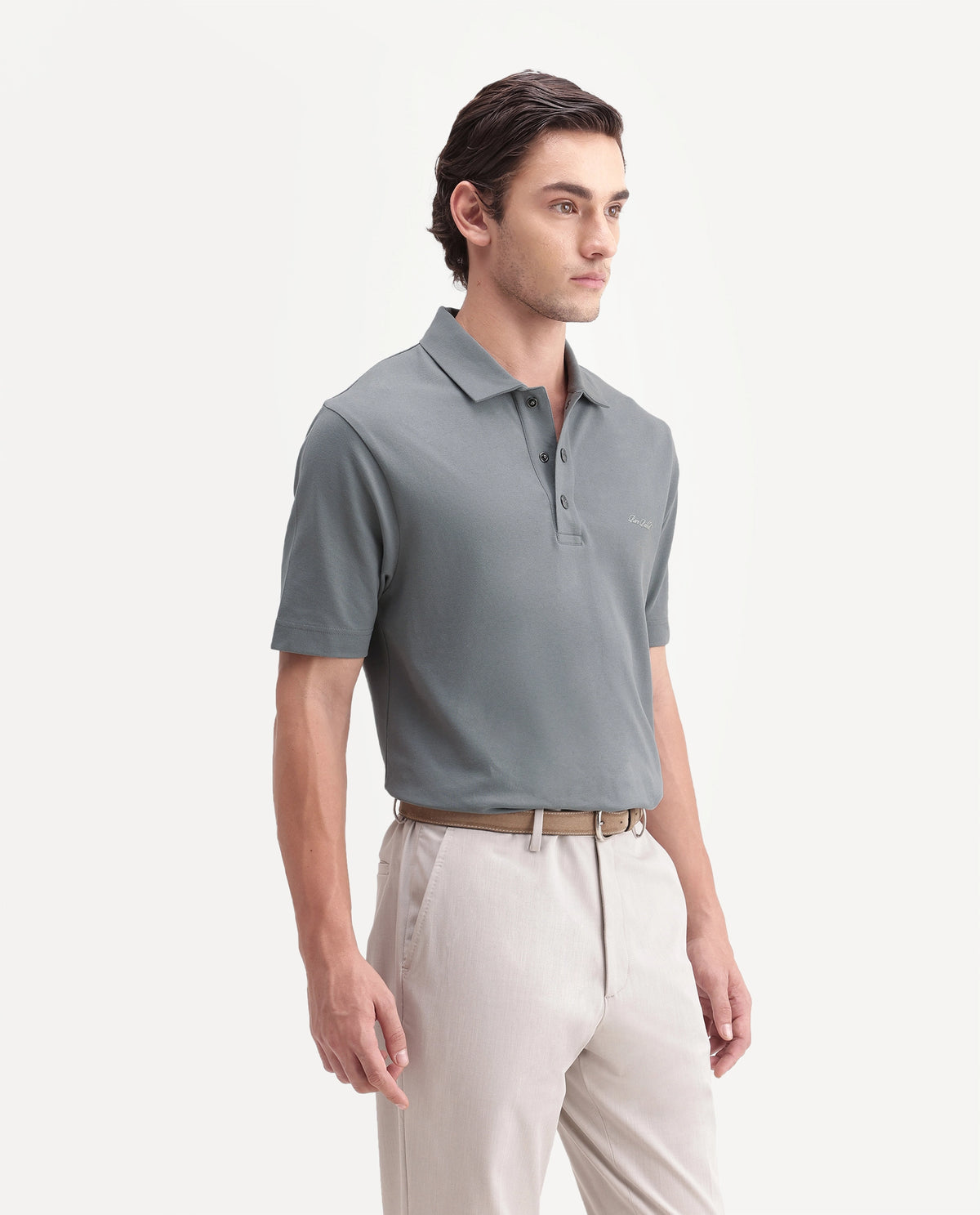 Rare Rabbit Men's Nolan Dusky Green Cotton Blend Spread Collar Button Regular Plain Polo