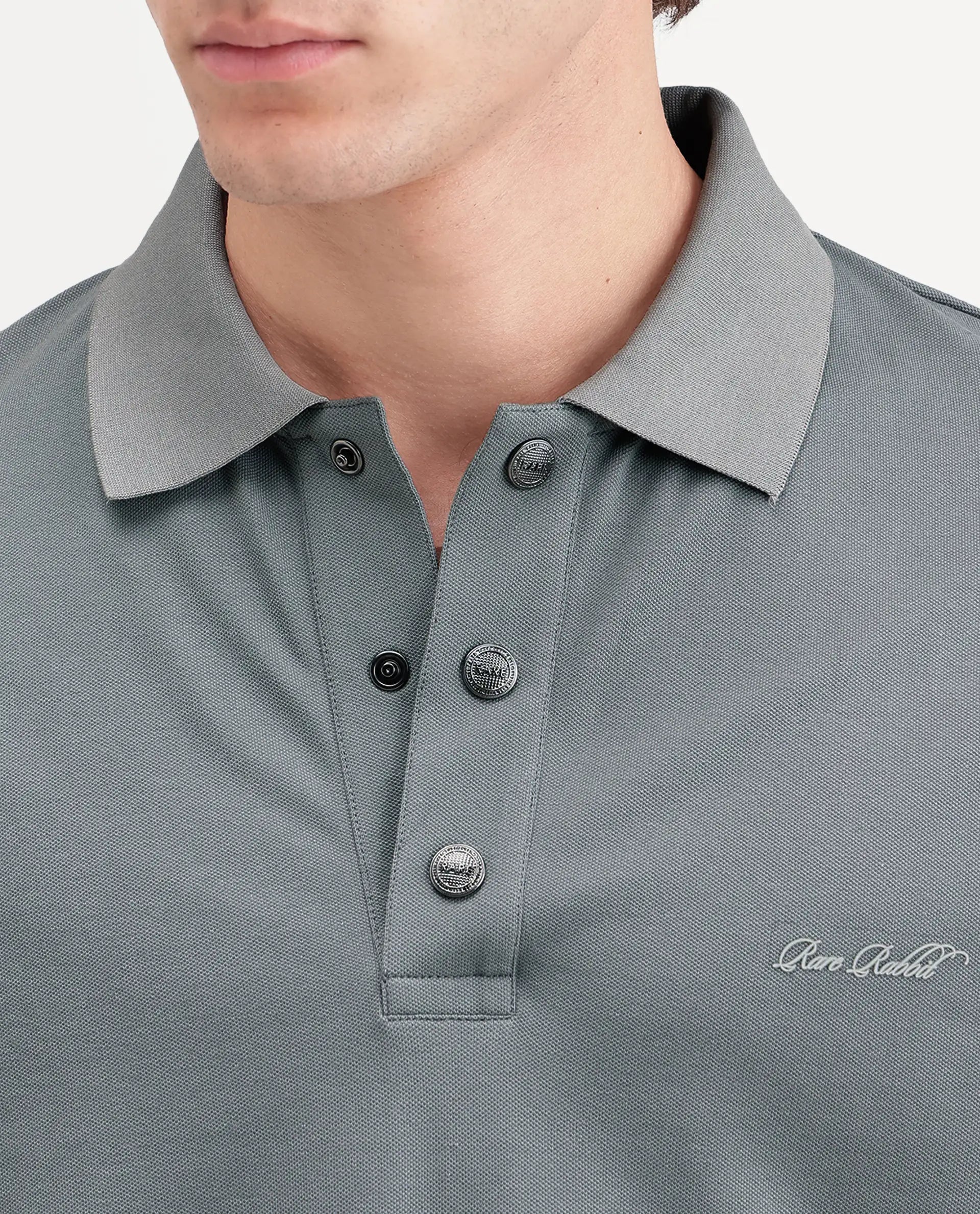 Rare Rabbit Men's Nolan Dusky Green Cotton Blend Spread Collar Button Regular Plain Polo
