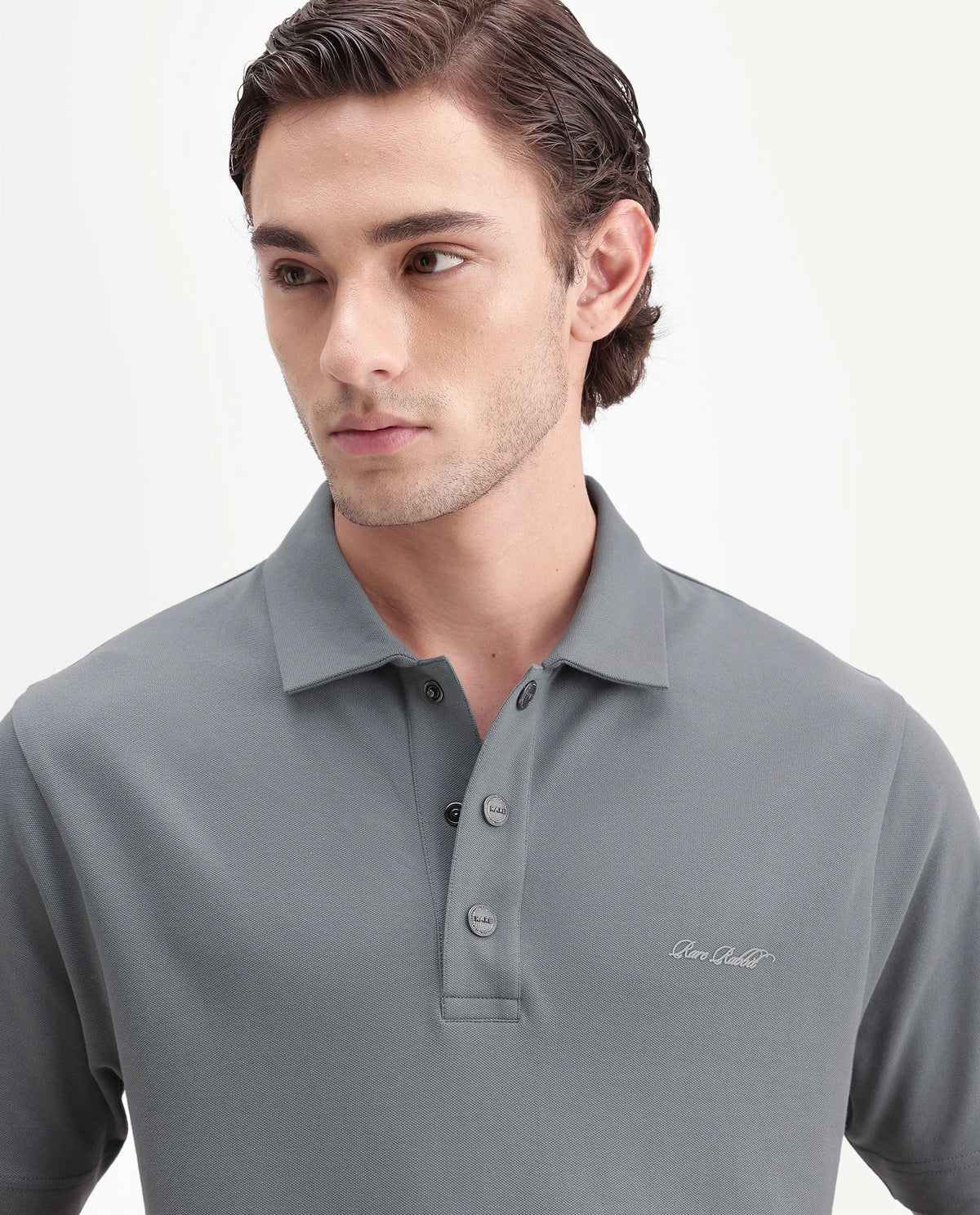 Rare Rabbit Men's Nolan Dusky Green Cotton Blend Spread Collar Button Regular Plain Polo
