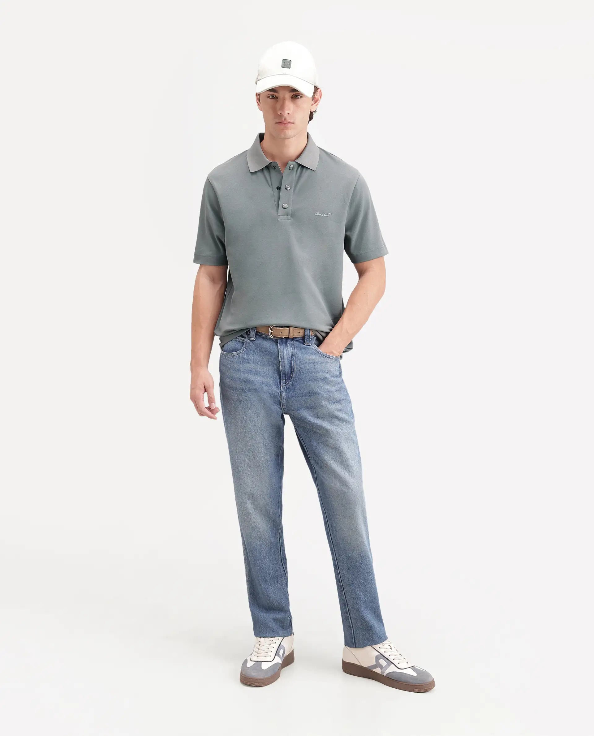 Rare Rabbit Men's Nolan Dusky Green Cotton Blend Spread Collar Button Regular Plain Polo