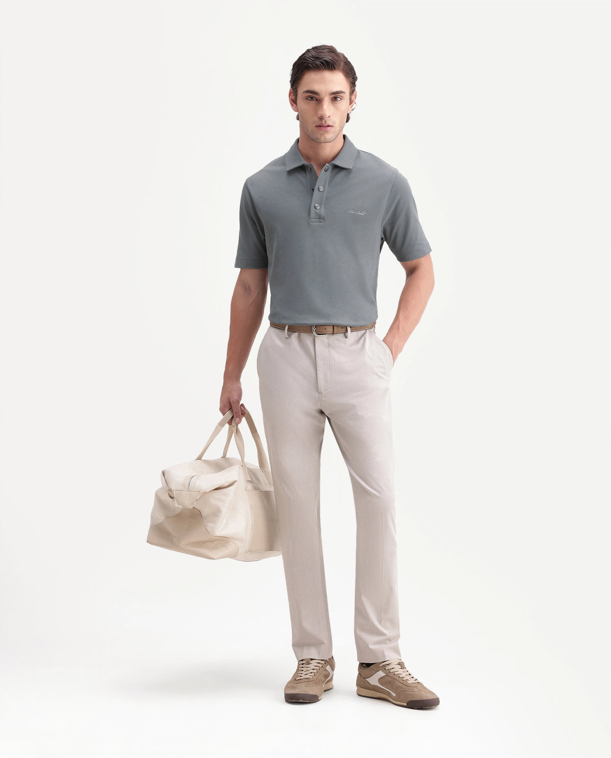 Rare Rabbit Men's Nolan Dusky Green Cotton Blend Spread Collar Button Regular Plain Polo