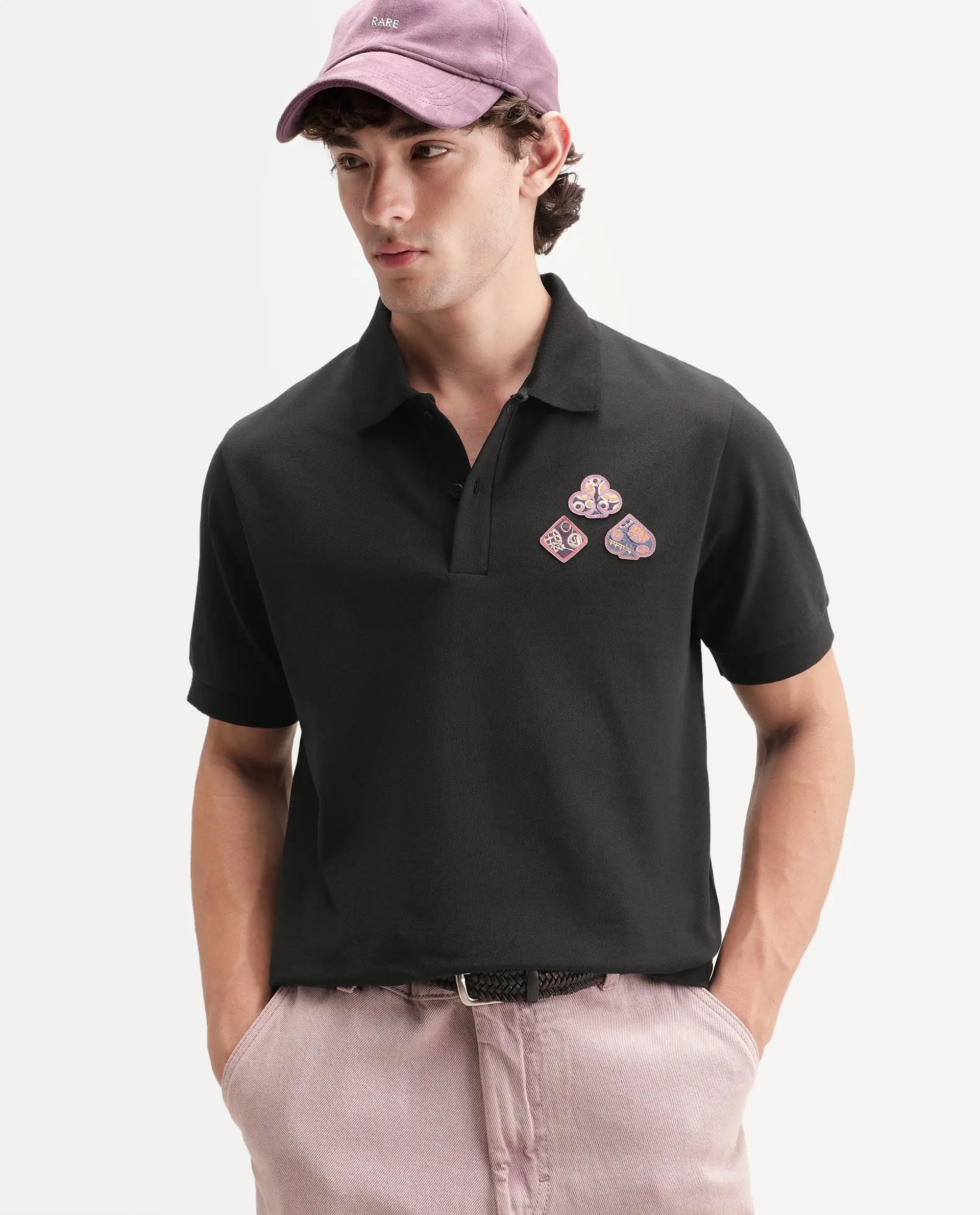 Rare Rabbit Men's Lanet Primary Black Cotton Blend Spread Collar Button Regular Plain Polo