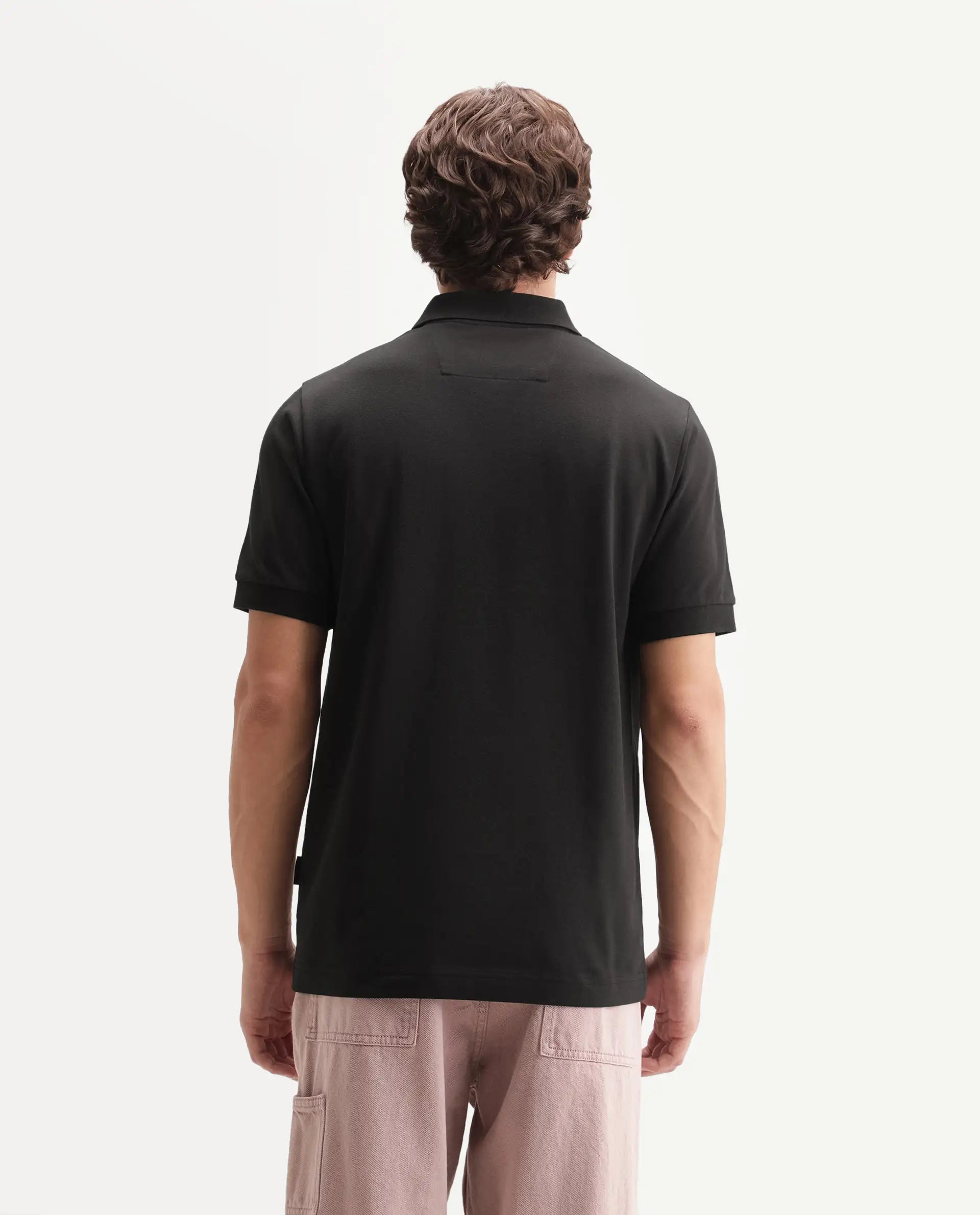 Rare Rabbit Men's Lanet Primary Black Cotton Blend Spread Collar Button Regular Plain Polo