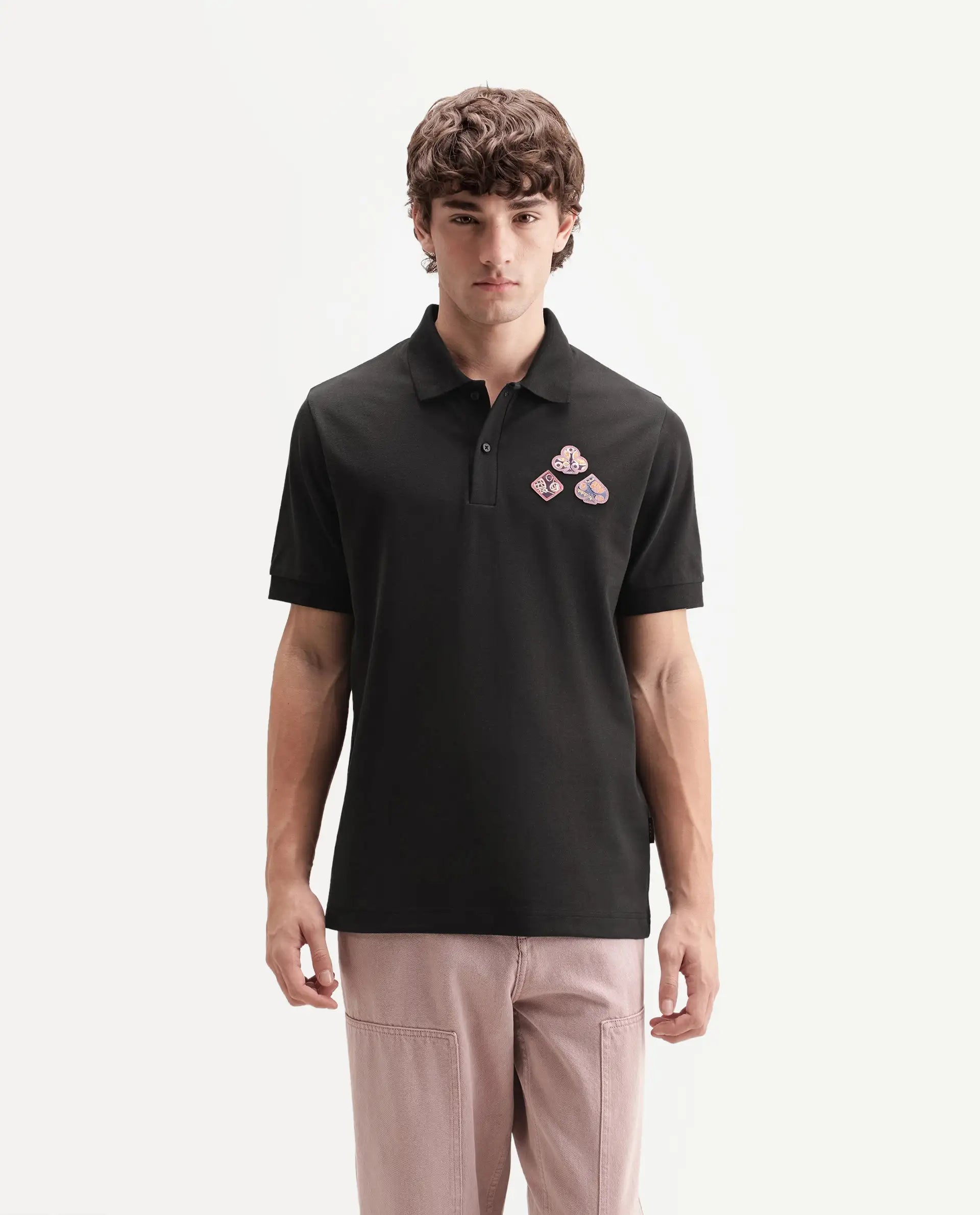 Rare Rabbit Men's Lanet Primary Black Cotton Blend Spread Collar Button Regular Plain Polo