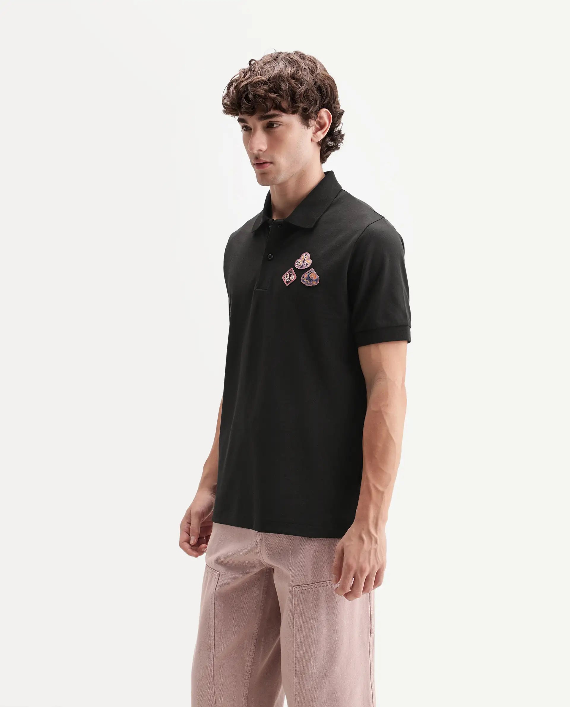 Rare Rabbit Men's Lanet Primary Black Cotton Blend Spread Collar Button Regular Plain Polo