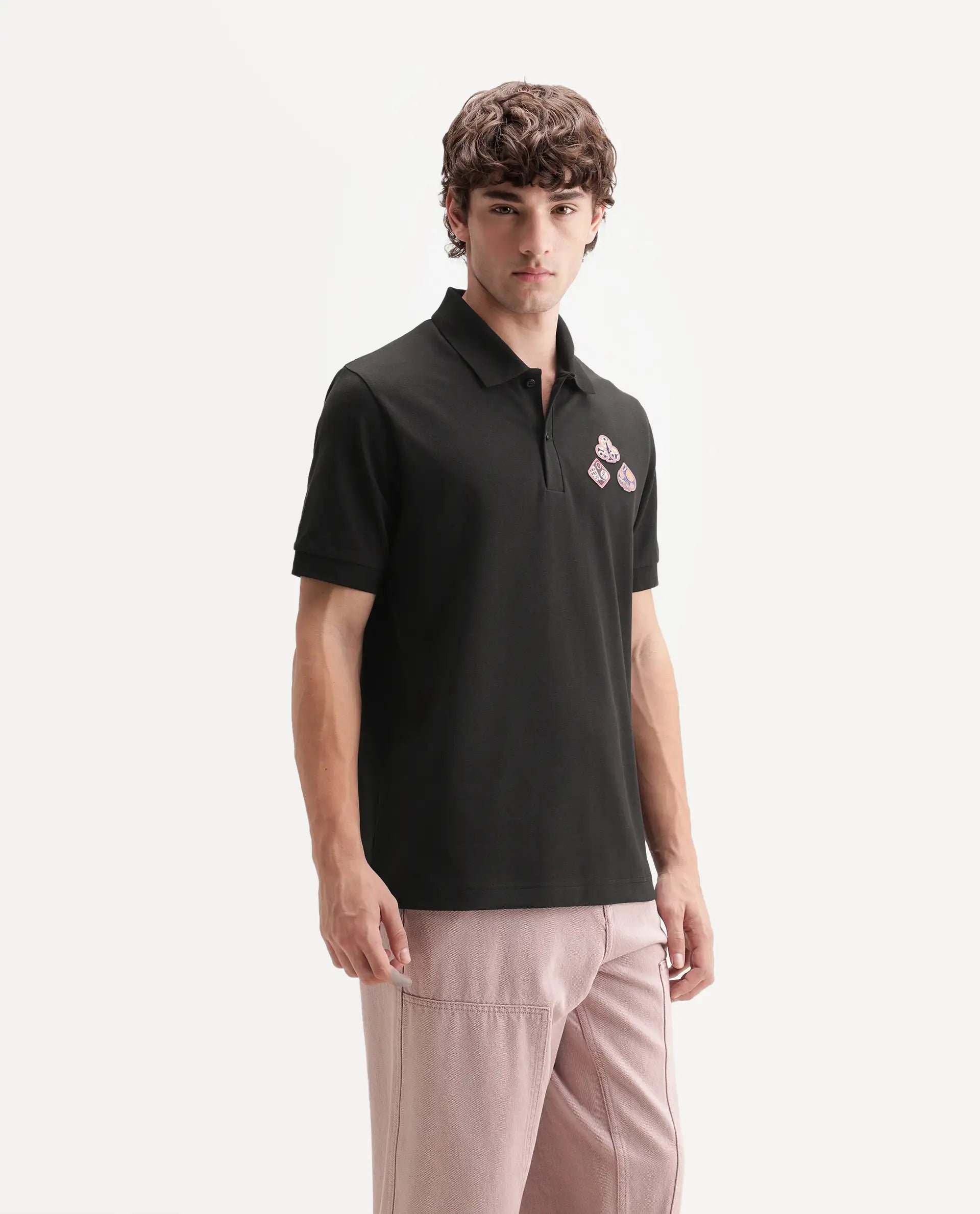 Rare Rabbit Men's Lanet Primary Black Cotton Blend Spread Collar Button Regular Plain Polo