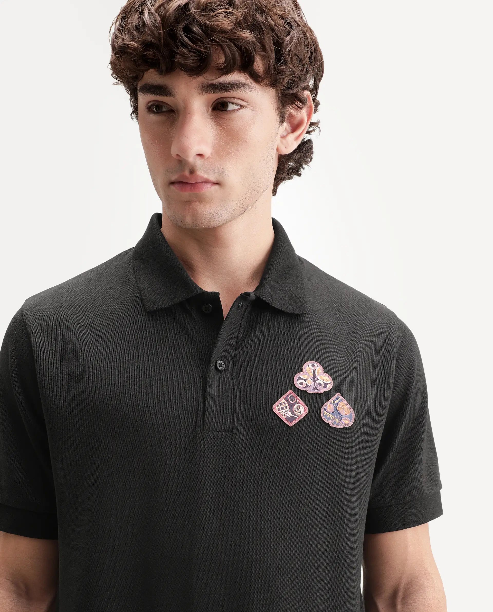 Rare Rabbit Men's Lanet Primary Black Cotton Blend Spread Collar Button Regular Plain Polo