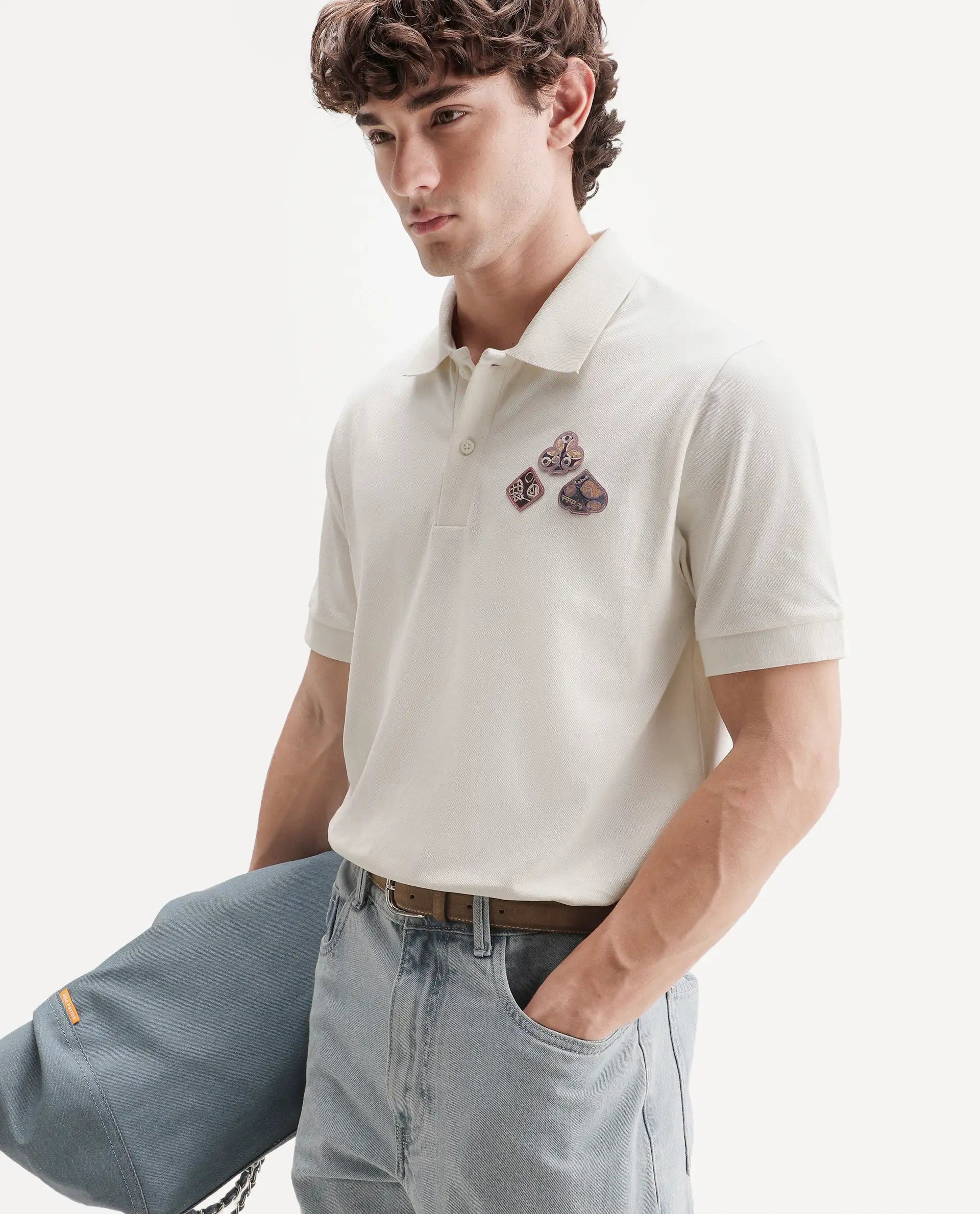 Rare Rabbit Men's Lanet Light Off-White Cotton Blend Spread Collar Button Regular Plain Polo
