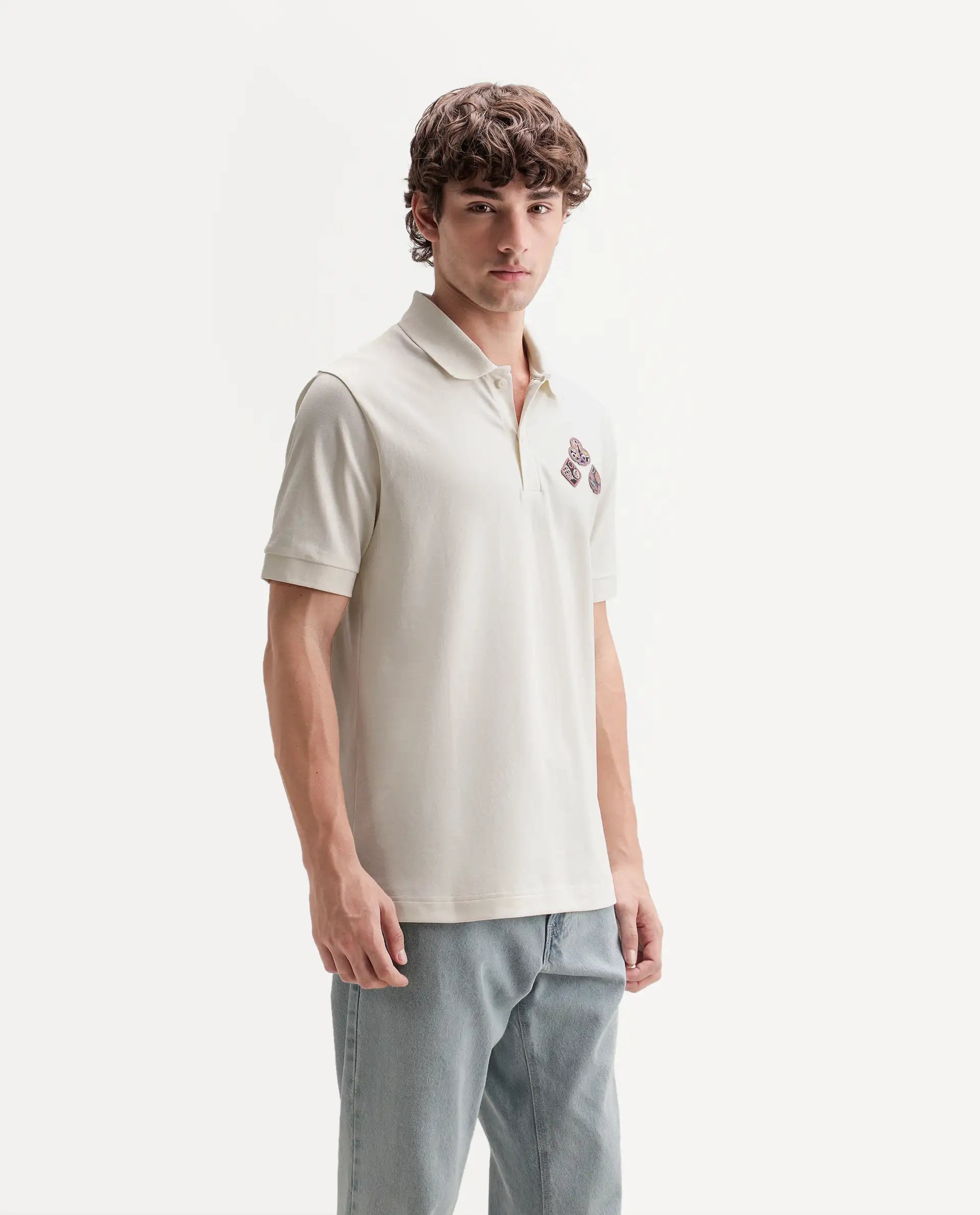 Rare Rabbit Men's Lanet Light Off-White Cotton Blend Spread Collar Button Regular Plain Polo