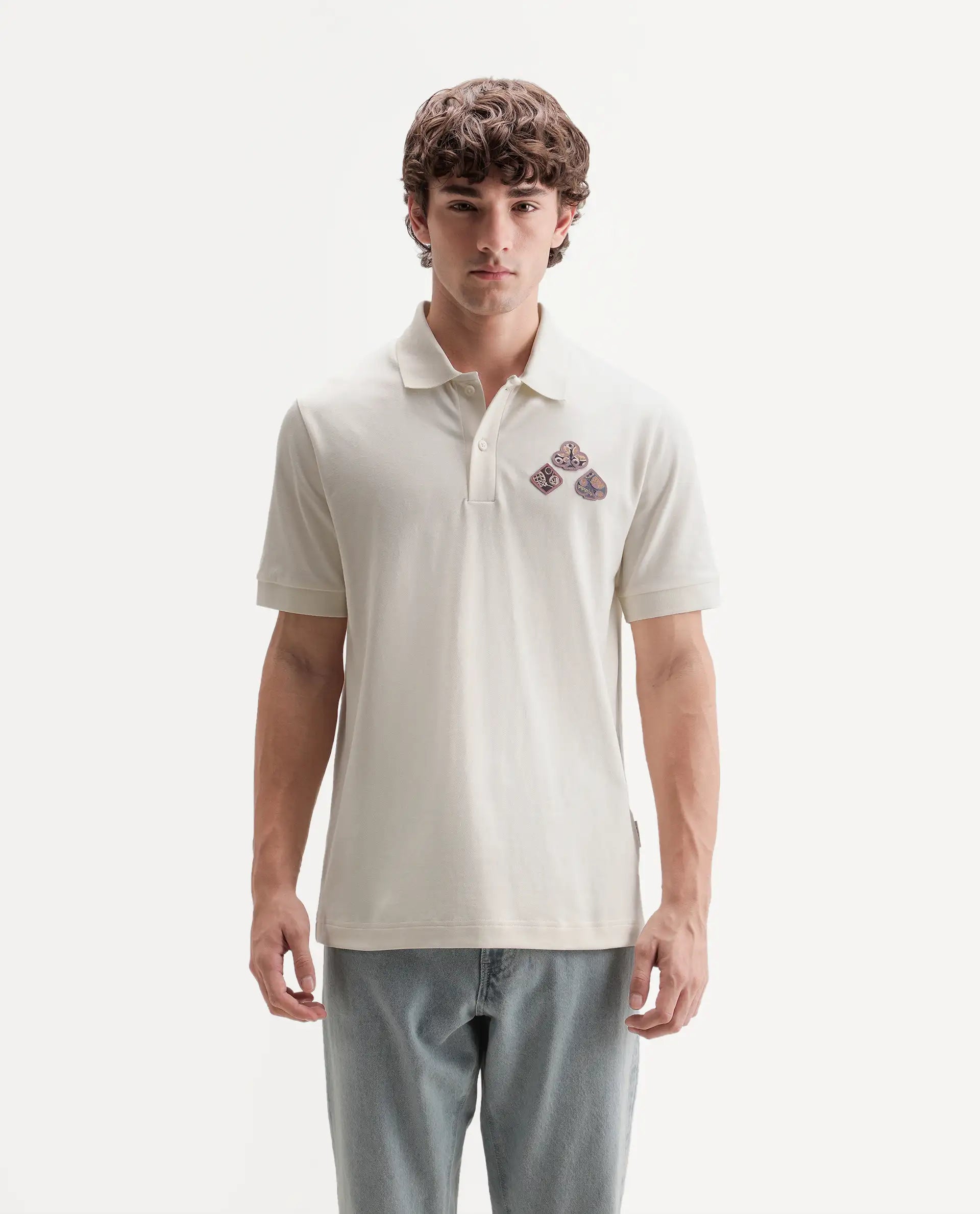 Rare Rabbit Men's Lanet Light Off-White Cotton Blend Spread Collar Button Regular Plain Polo