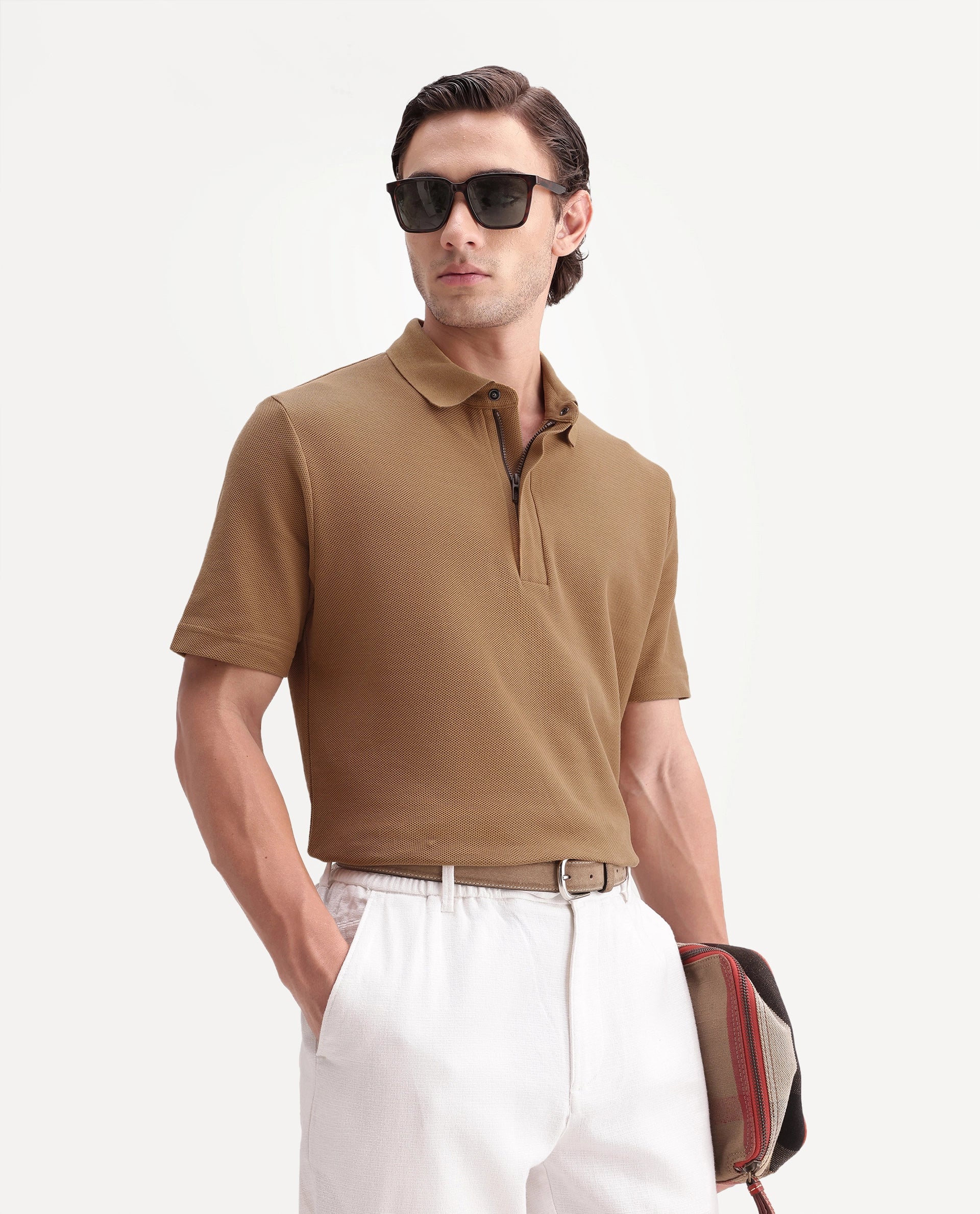 Rare Rabbit Men's Crin-A26 Primary Mustard Cotton Spread Collar Zipper Regular Plain Polo