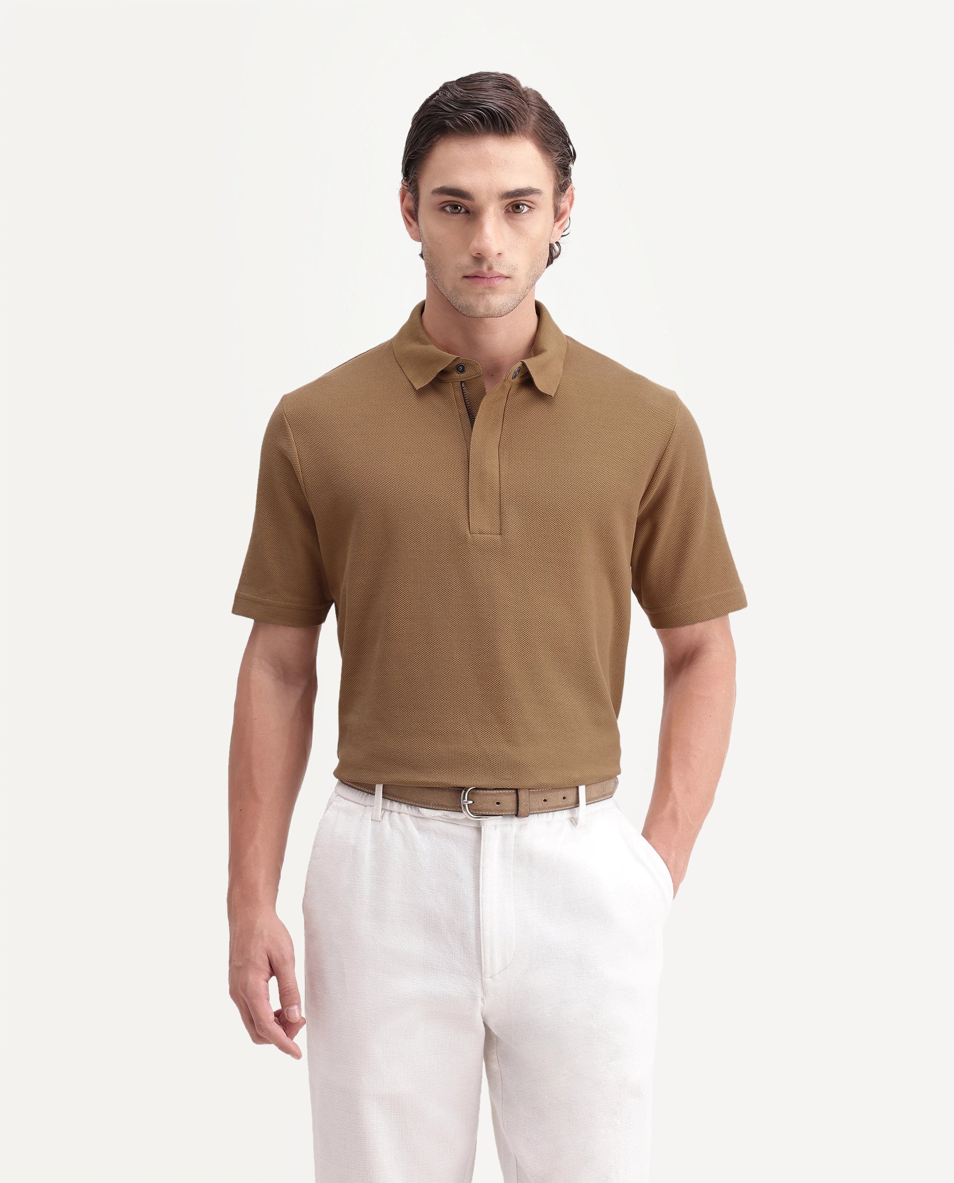 Rare Rabbit Men's Crin-A26 Primary Mustard Cotton Spread Collar Zipper Regular Plain Polo