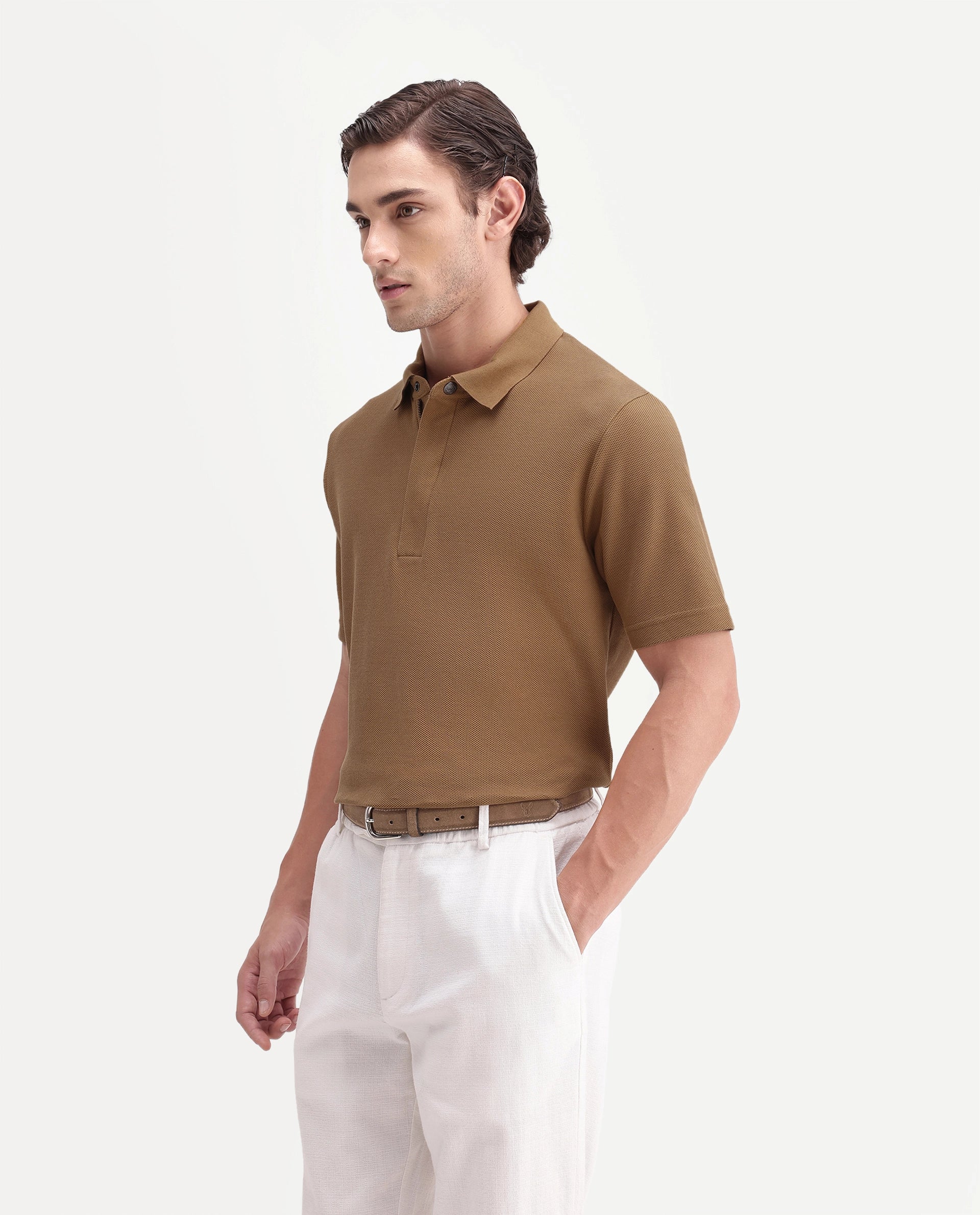 Rare Rabbit Men's Crin-A26 Primary Mustard Cotton Spread Collar Zipper Regular Plain Polo
