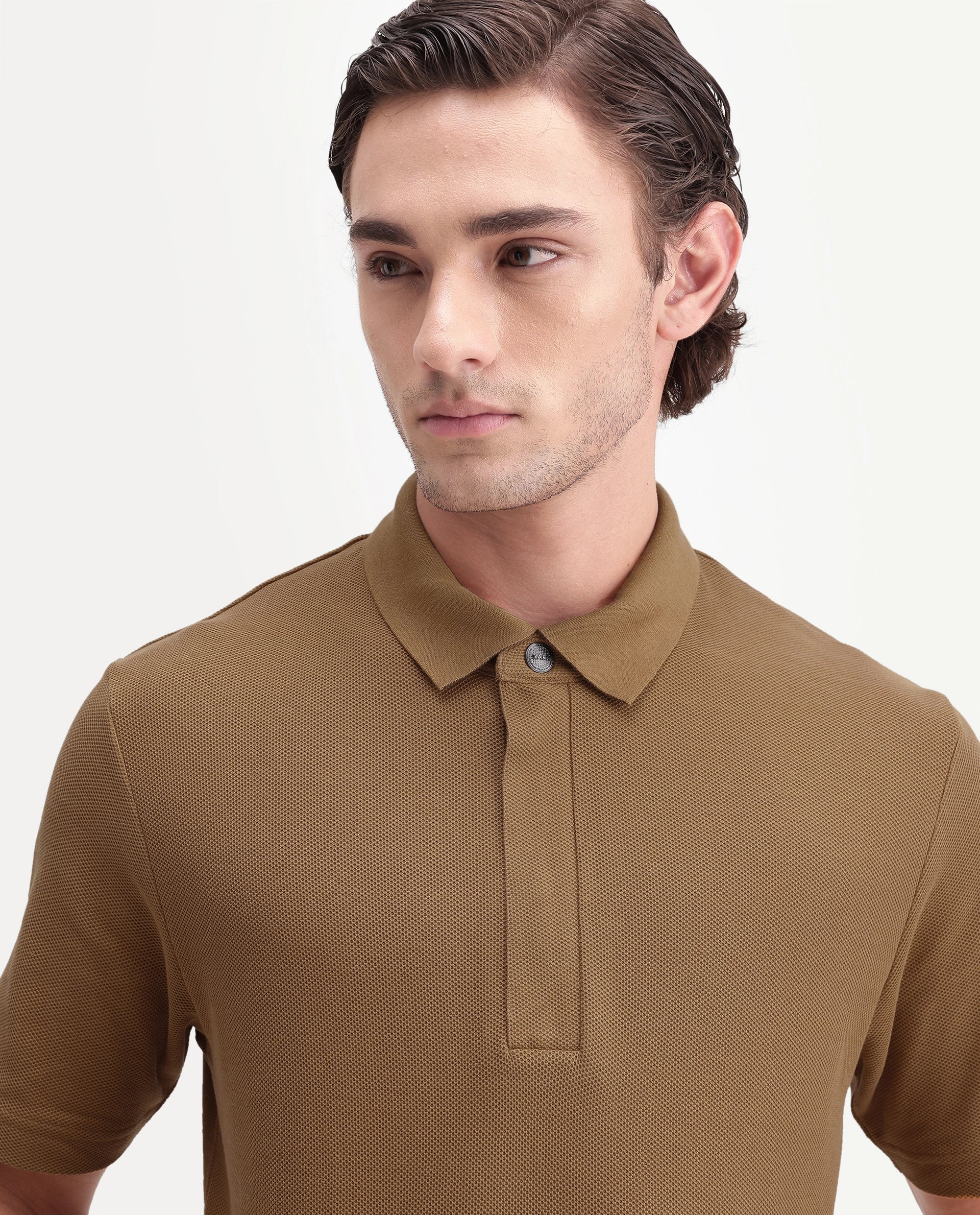 Rare Rabbit Men's Crin-A26 Primary Mustard Cotton Spread Collar Zipper Regular Plain Polo