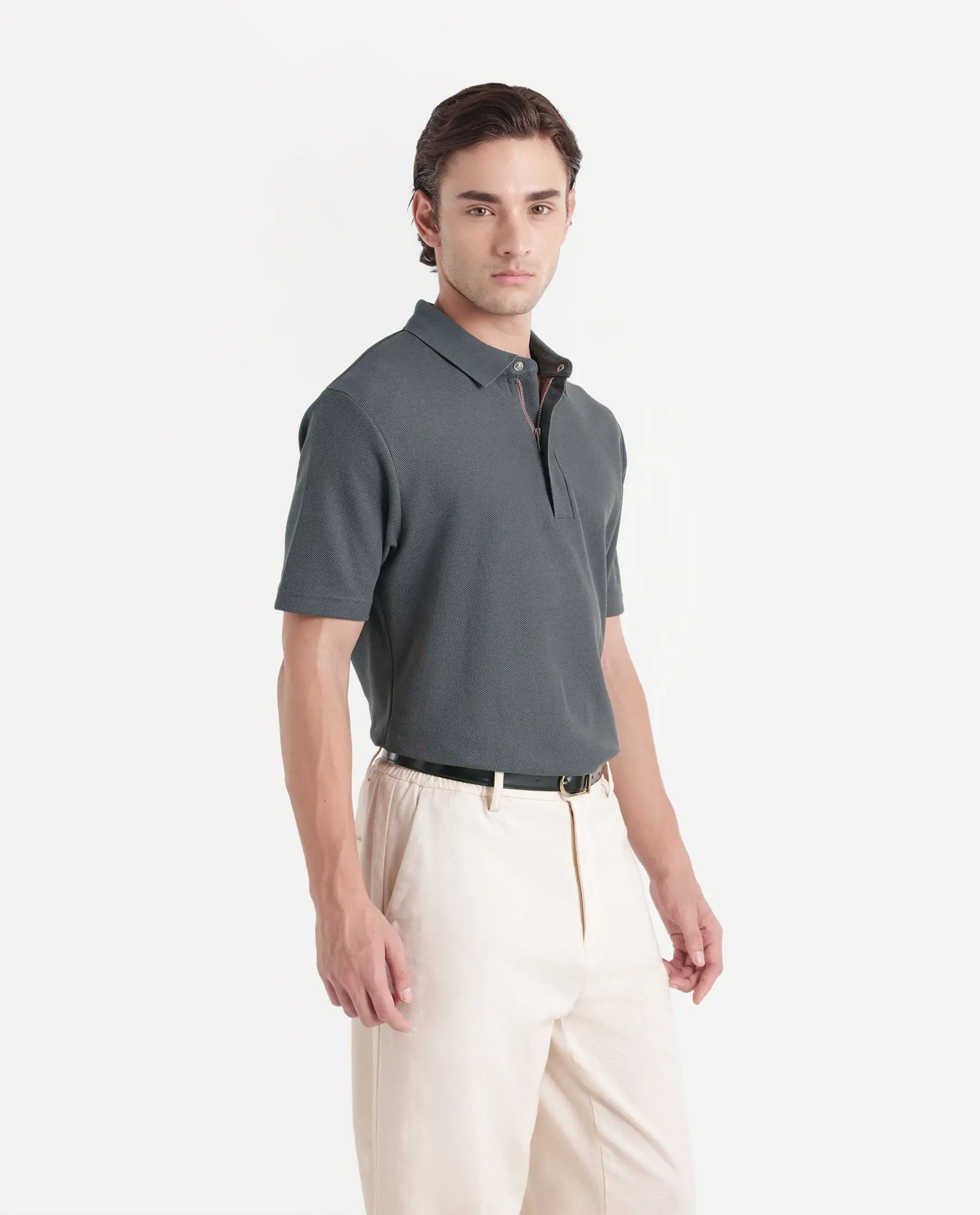 Rare Rabbit Men's Crin-A26 Dusky Teal Cotton Spread Collar Zipper Regular Plain Polo