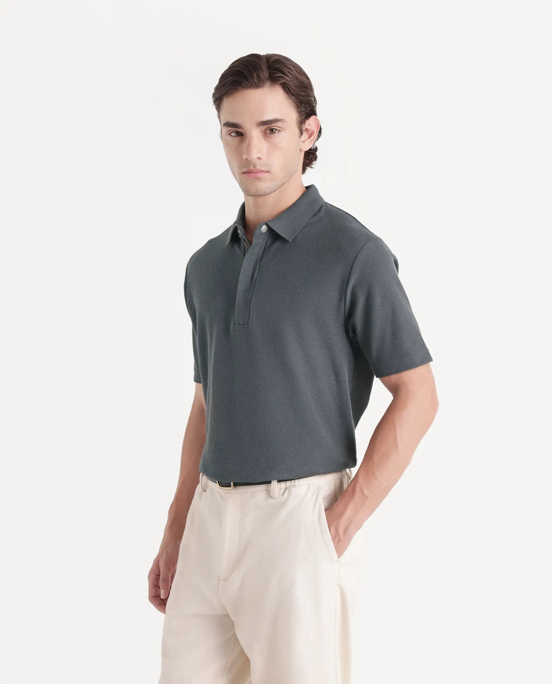 Rare Rabbit Men's Crin-A26 Dusky Teal Cotton Spread Collar Zipper Regular Plain Polo