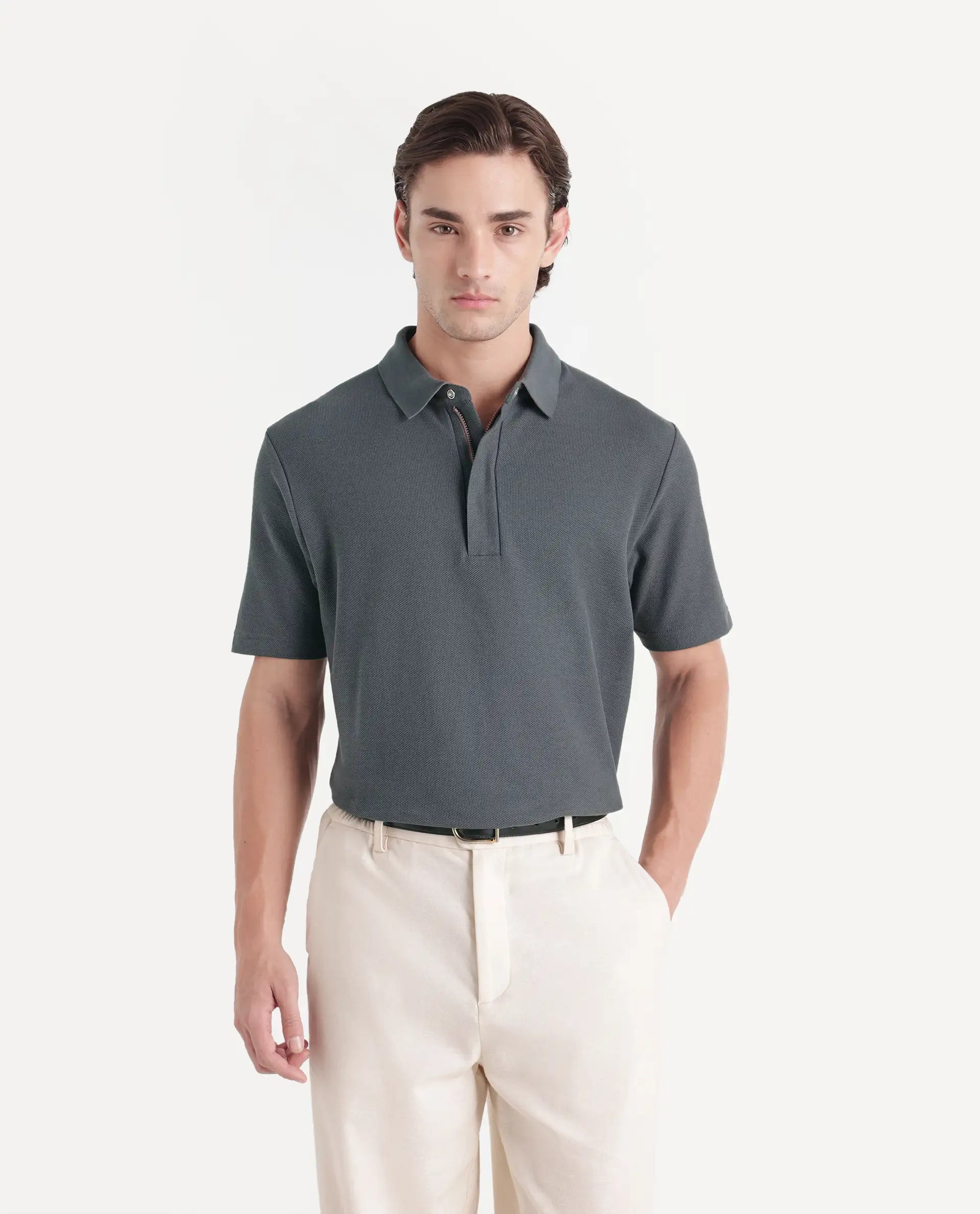 Rare Rabbit Men's Crin-A26 Dusky Teal Cotton Spread Collar Zipper Regular Plain Polo