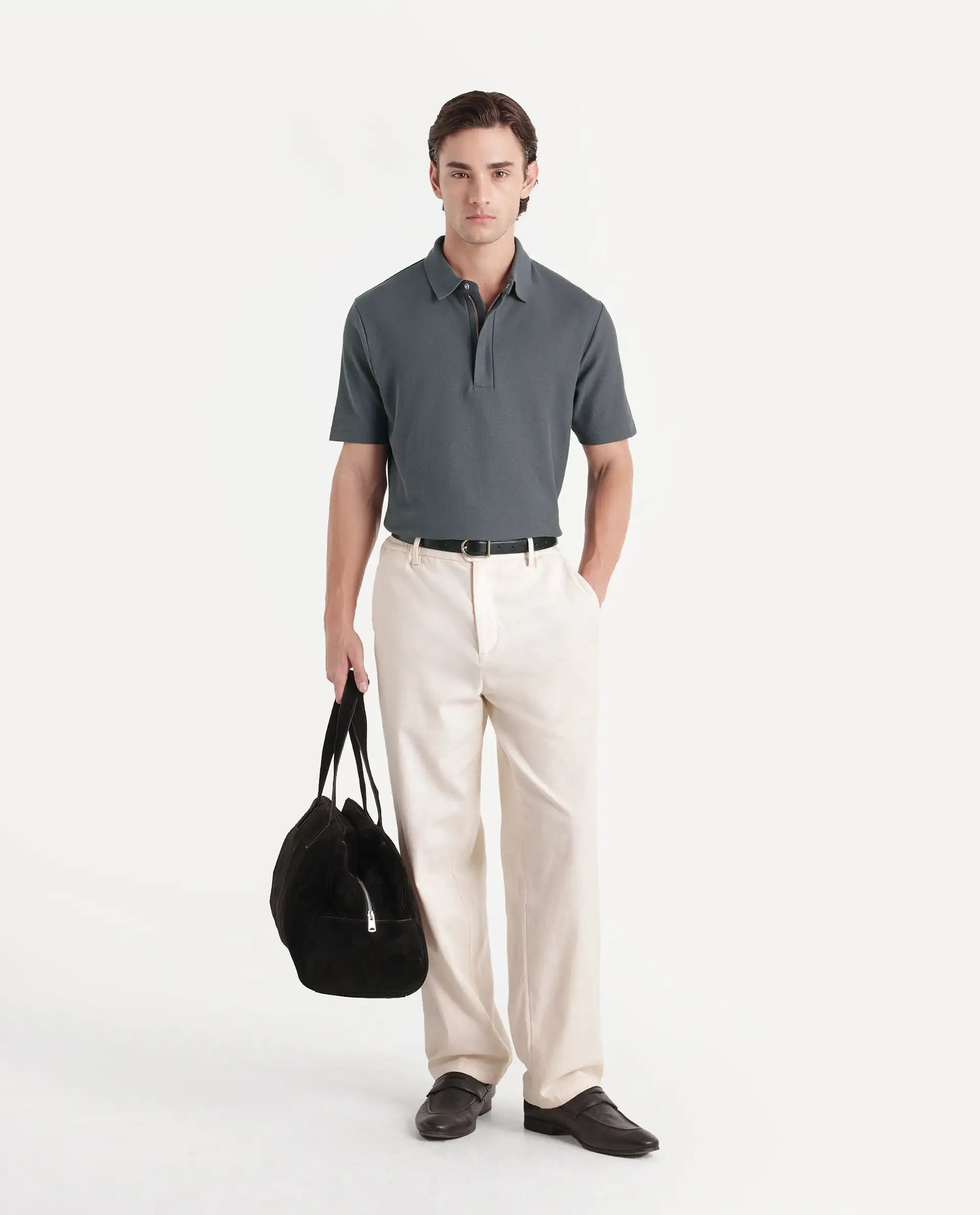 Rare Rabbit Men's Crin-A26 Dusky Teal Cotton Spread Collar Zipper Regular Plain Polo