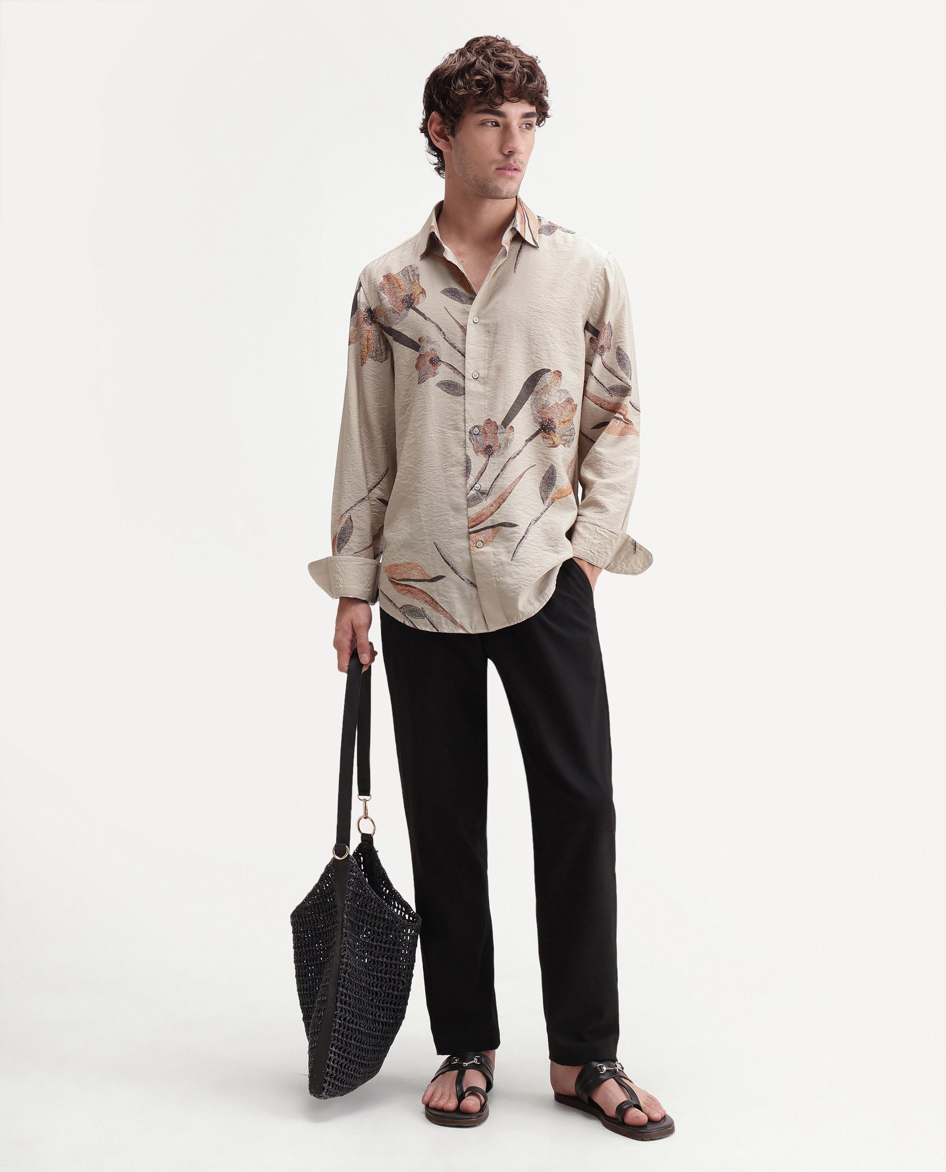 Rare Rabbit Men's Bomo Dusky Beige Cotton Spread Collar Regular Floral Print Shirt