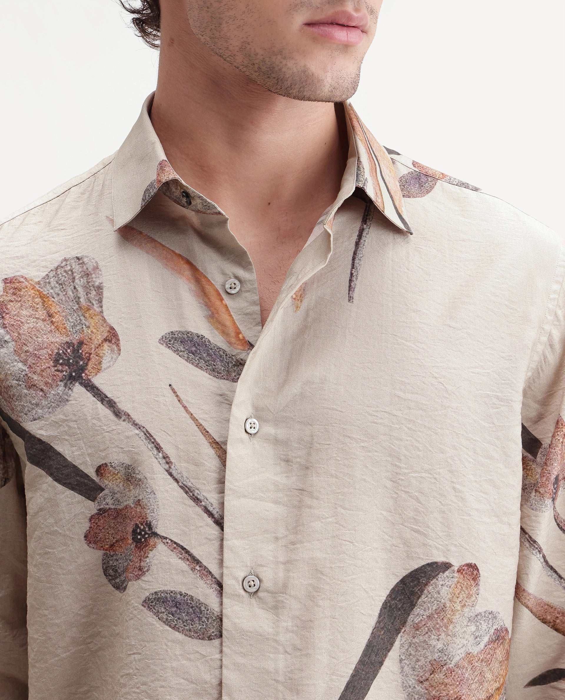 Rare Rabbit Men's Bomo Dusky Beige Cotton Spread Collar Regular Floral Print Shirt