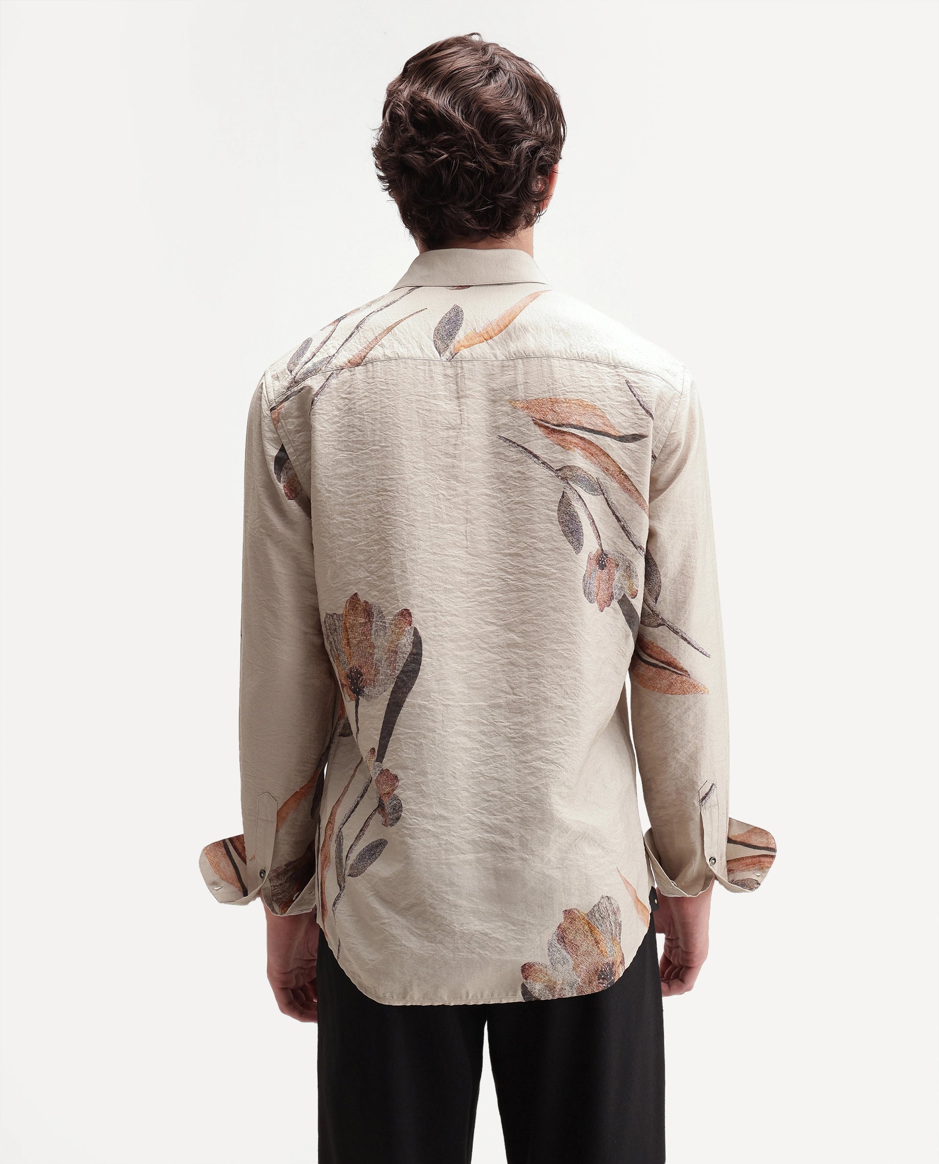 Rare Rabbit Men's Bomo Dusky Beige Cotton Spread Collar Regular Floral Print Shirt
