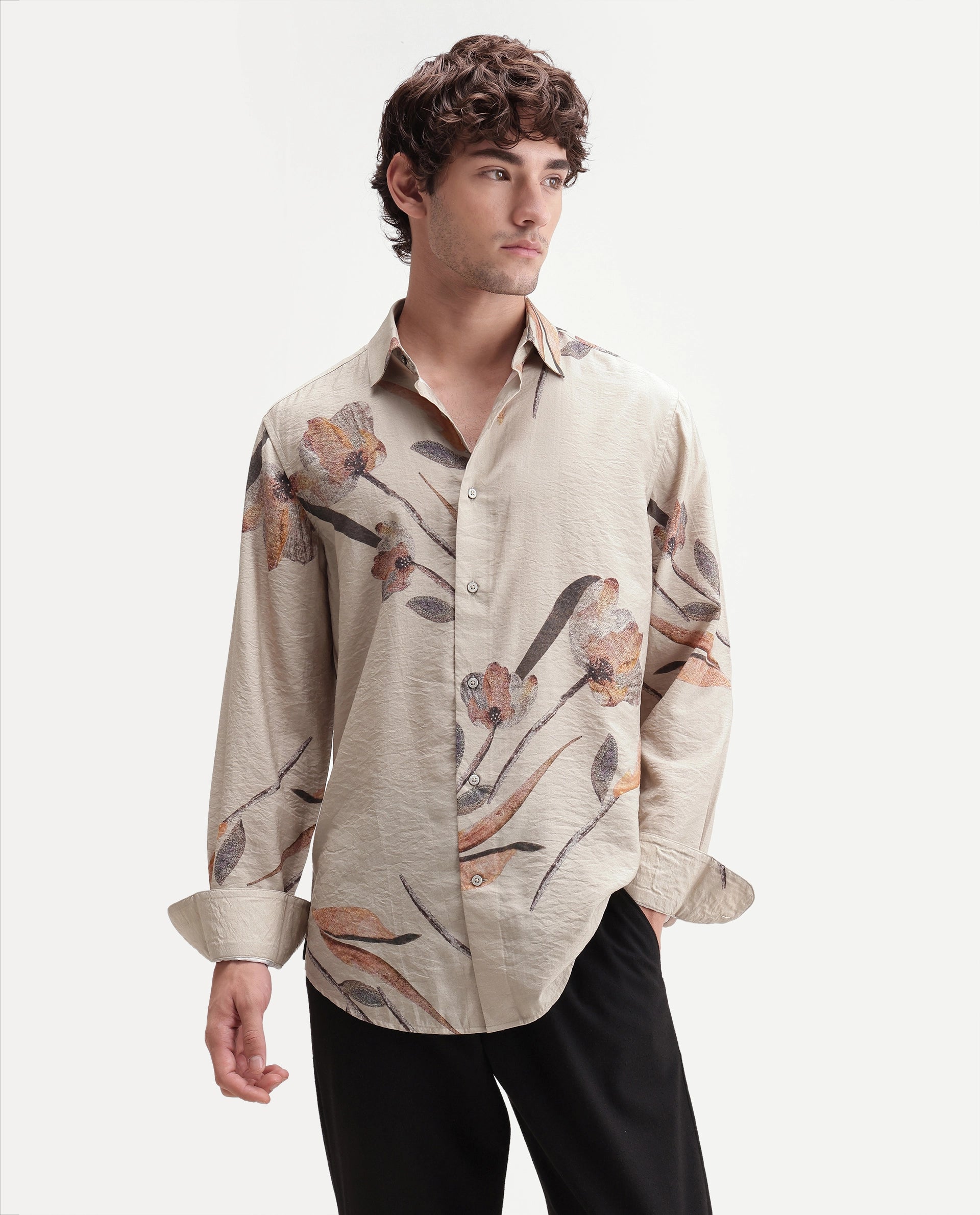 Rare Rabbit Men's Bomo Dusky Beige Cotton Spread Collar Regular Floral Print Shirt