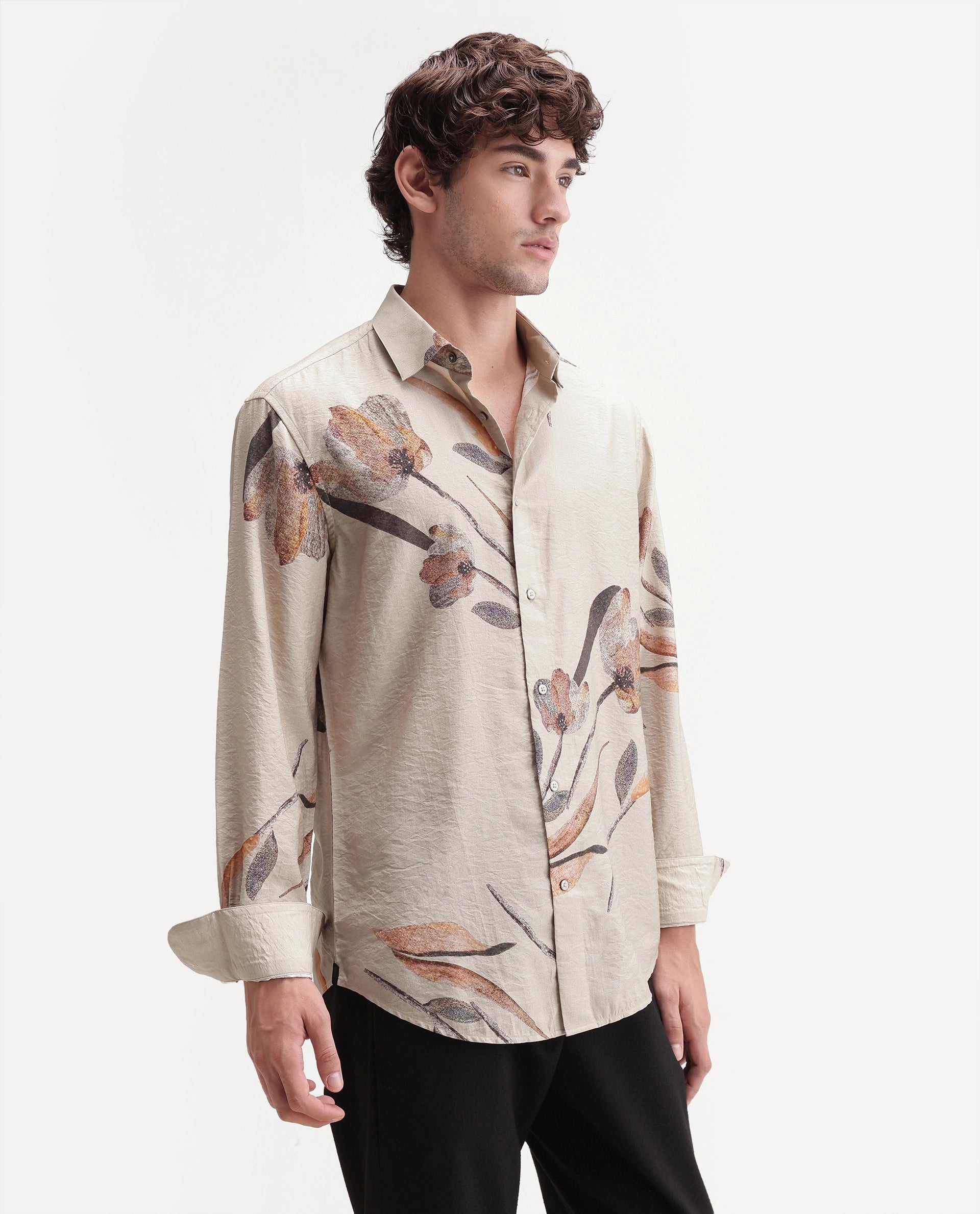 Rare Rabbit Men's Bomo Dusky Beige Cotton Spread Collar Regular Floral Print Shirt