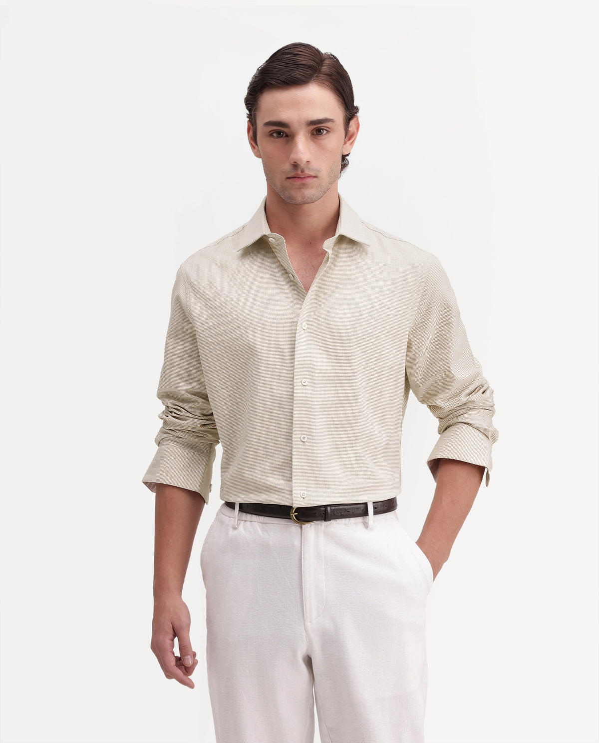 Rare Rabbit Men's Chawa Light Beige Cotton Spread Collar Regular Checked Shirt