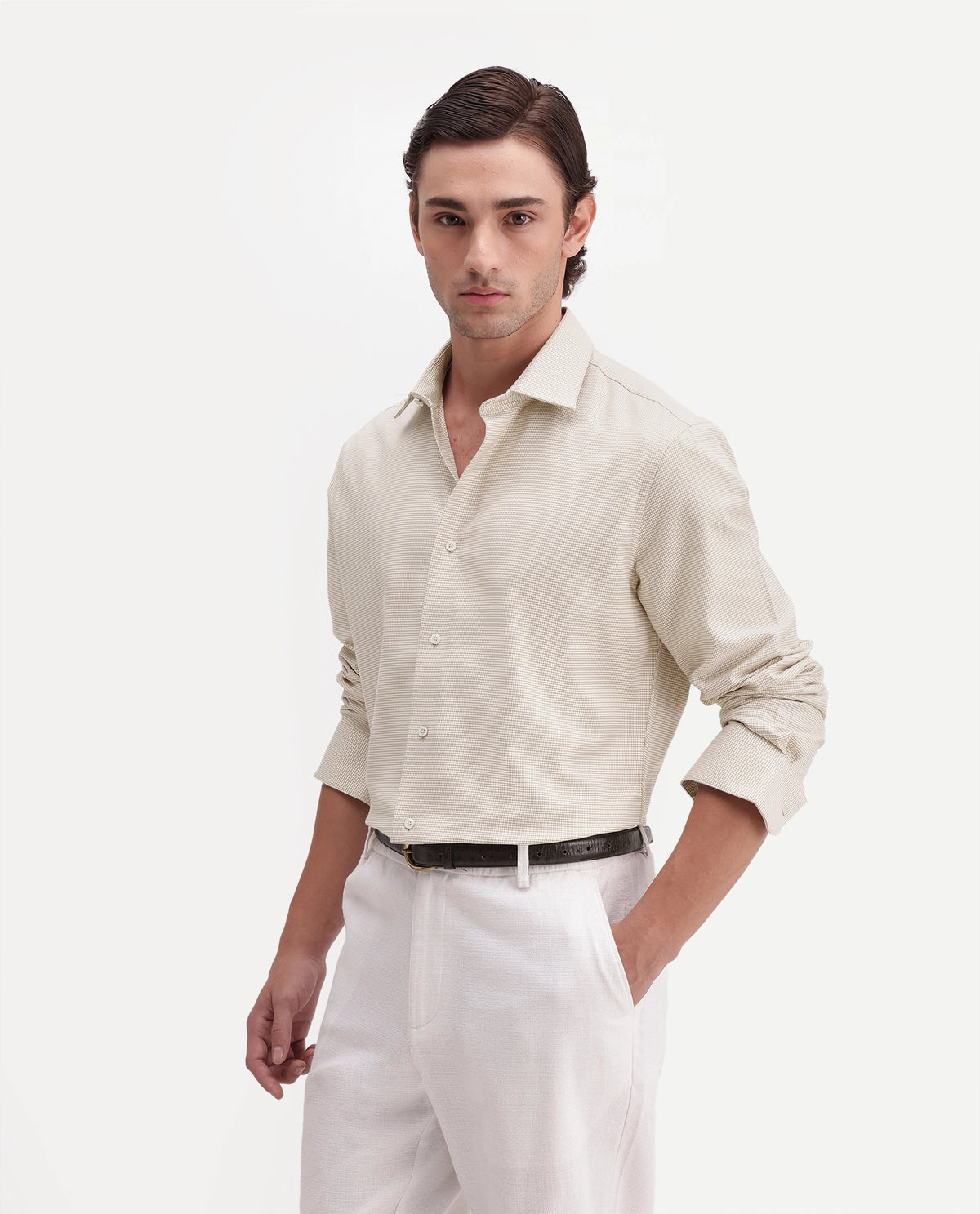 Rare Rabbit Men's Chawa Light Beige Cotton Spread Collar Regular Checked Shirt