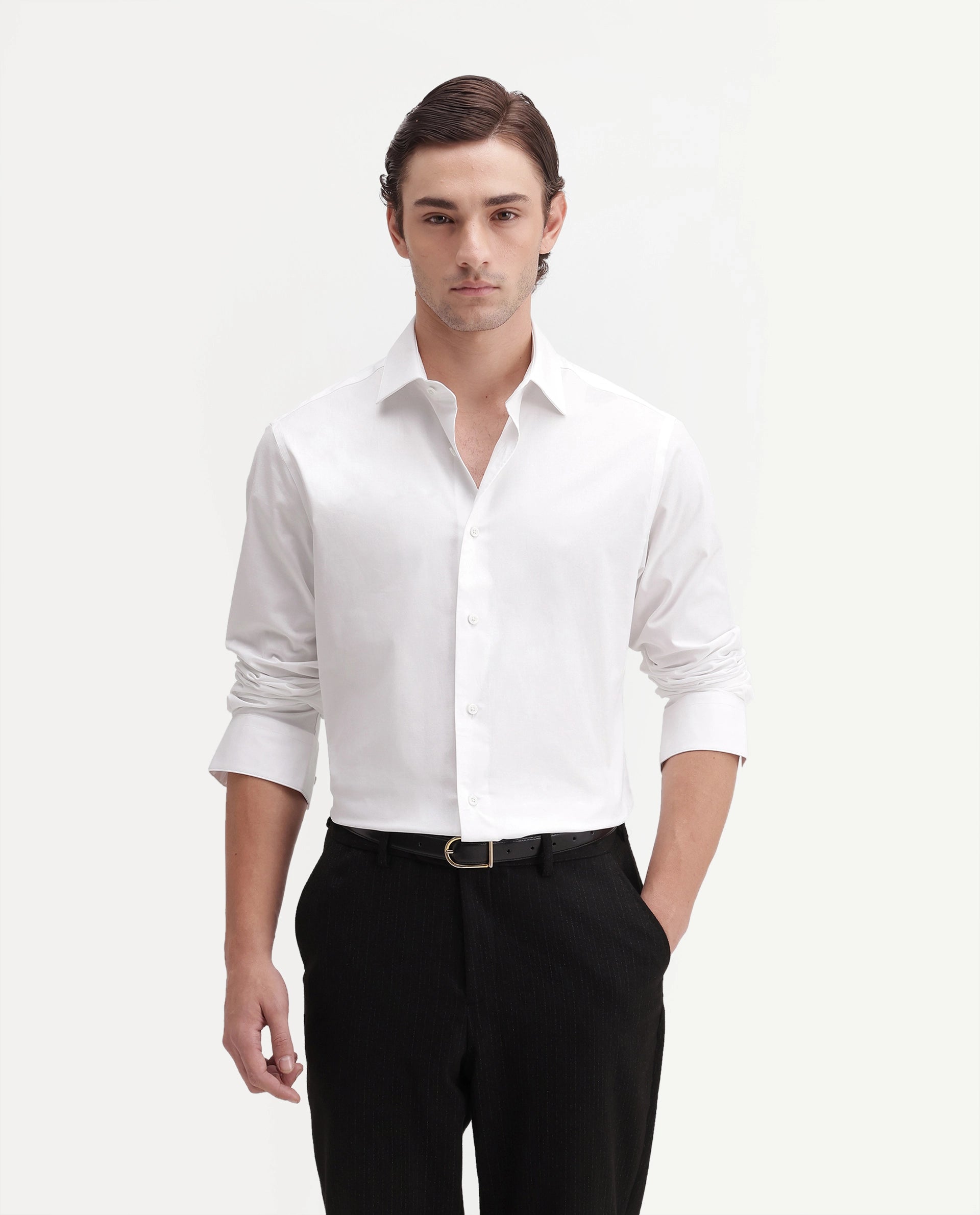 Rare Rabbit Men's Rona Primary White Cotton Blend Spread Collar Regular Plain Shirt