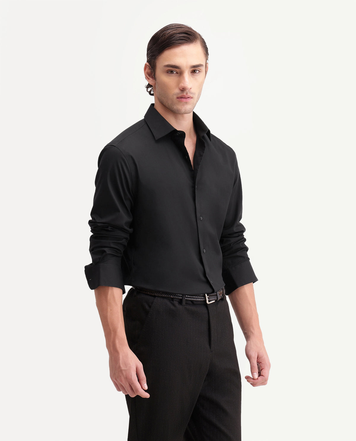 Rare Rabbit Men's Rona Primary Black Cotton Blend Spread Collar Regular Plain Shirt