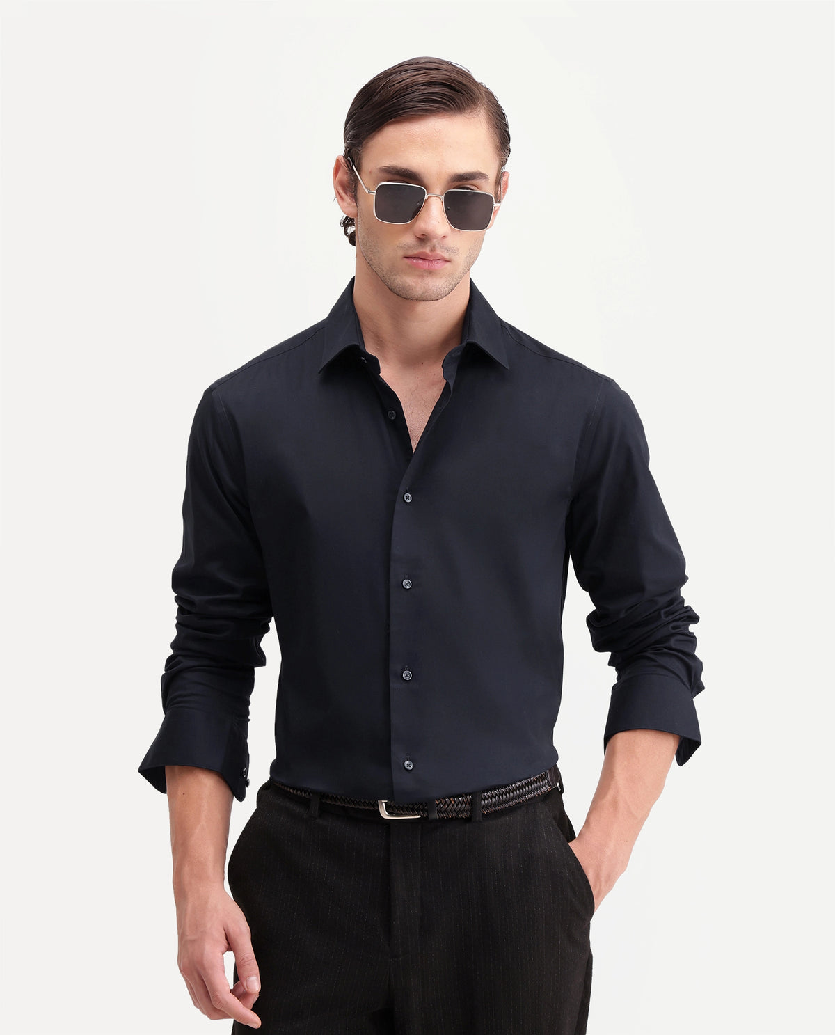 Rare Rabbit Men's Rona Primary Navy Cotton Blend Spread Collar Regular Plain Shirt