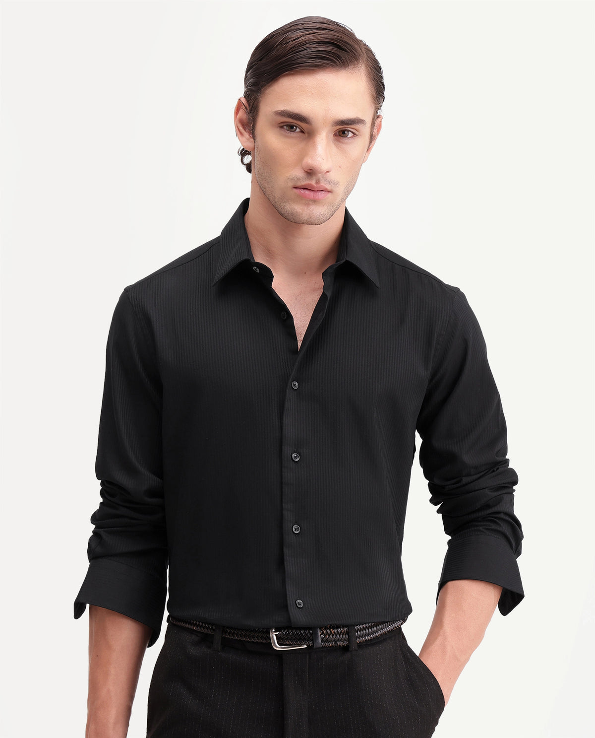 Rare Rabbit Men's Novo-Aw26 Primary Black Cotton Spread Collar Regular Textured Shirt