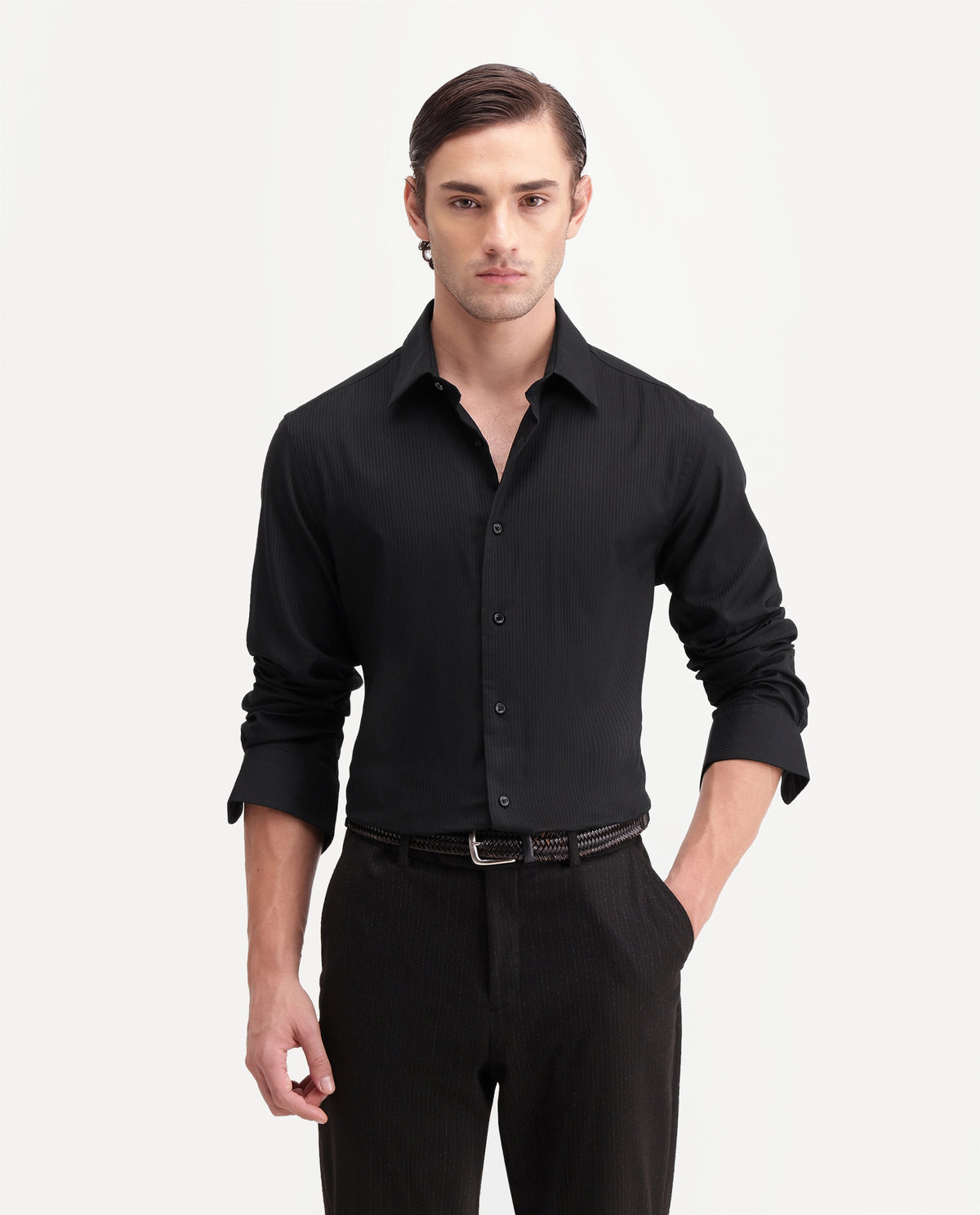 Rare Rabbit Men's Novo-Aw26 Primary Black Cotton Spread Collar Regular Textured Shirt