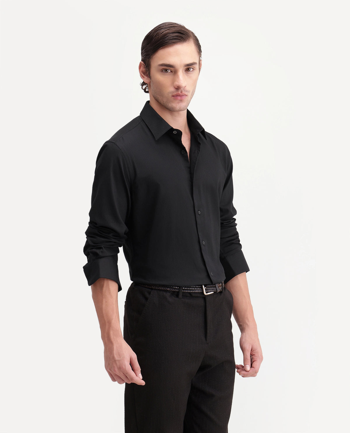 Rare Rabbit Men's Novo-Aw26 Primary Black Cotton Spread Collar Regular Textured Shirt