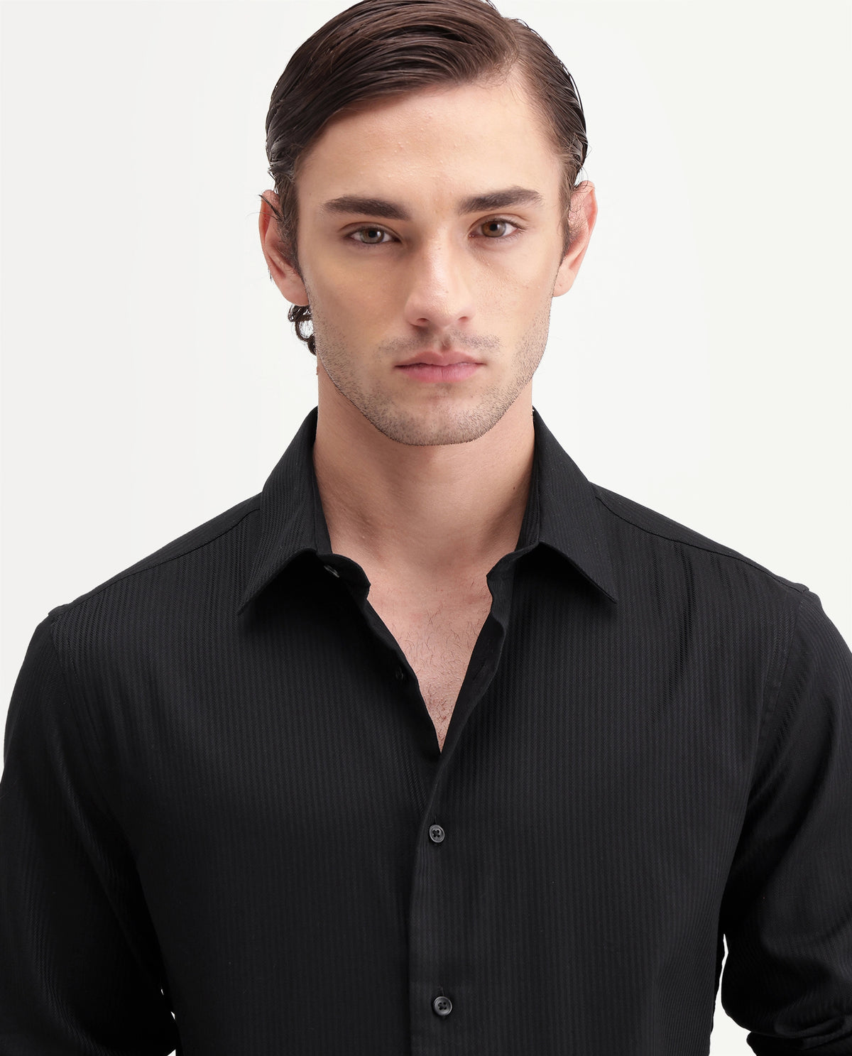 Rare Rabbit Men's Novo-Aw26 Primary Black Cotton Spread Collar Regular Textured Shirt