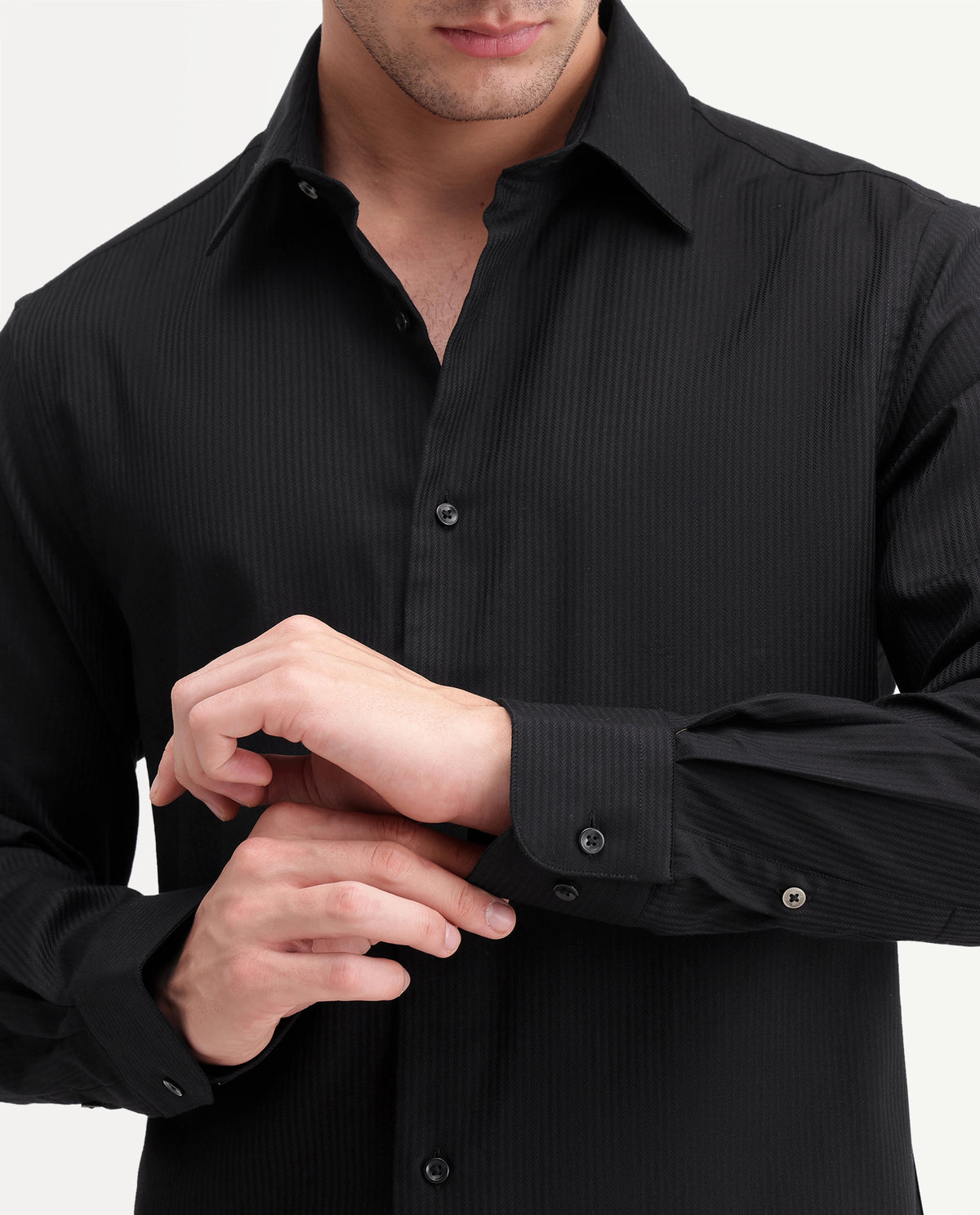 Rare Rabbit Men's Novo-Aw26 Primary Black Cotton Spread Collar Regular Textured Shirt