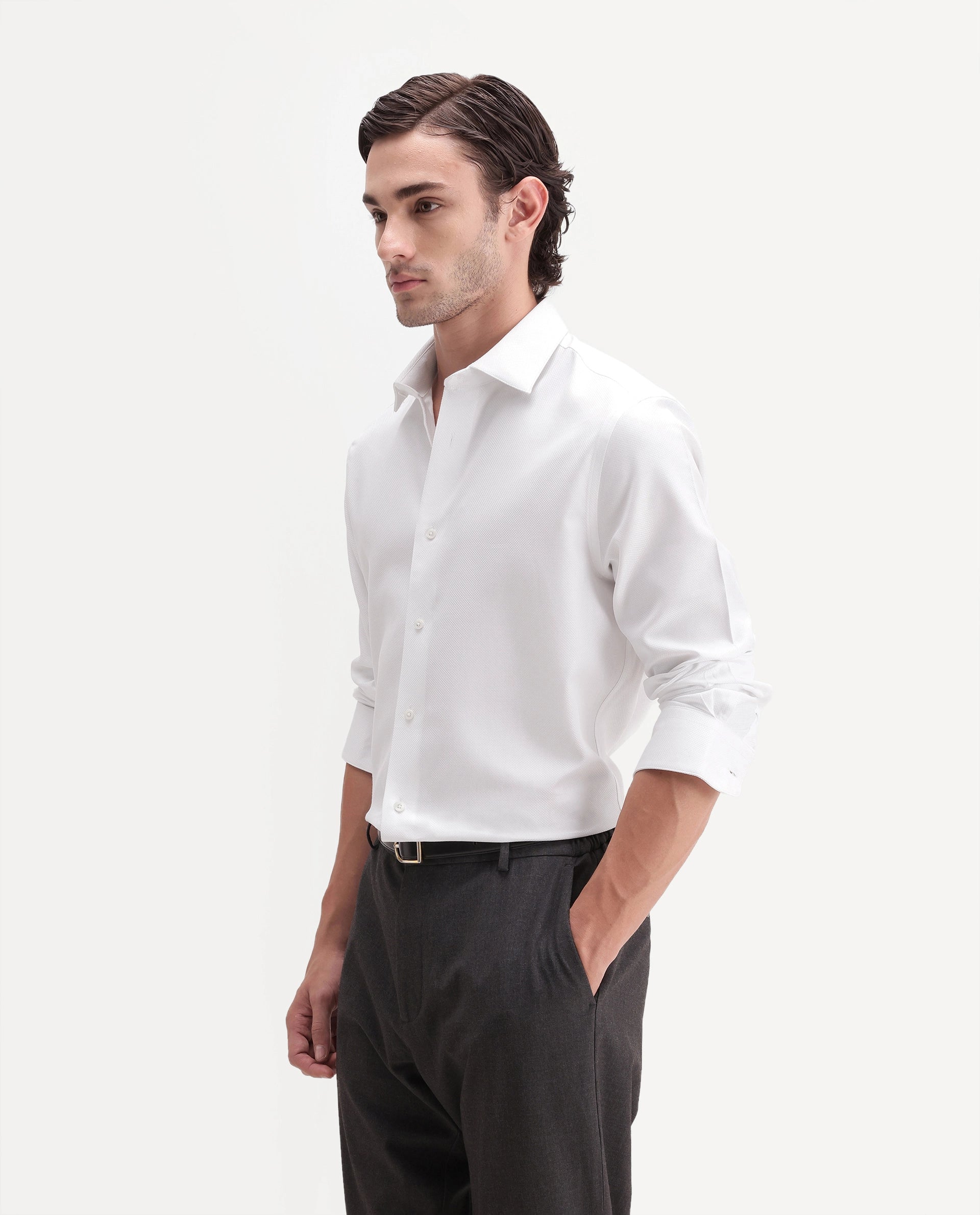 Rare Rabbit Men's Omega Primary White Cotton Spread Collar Regular Plain Shirt