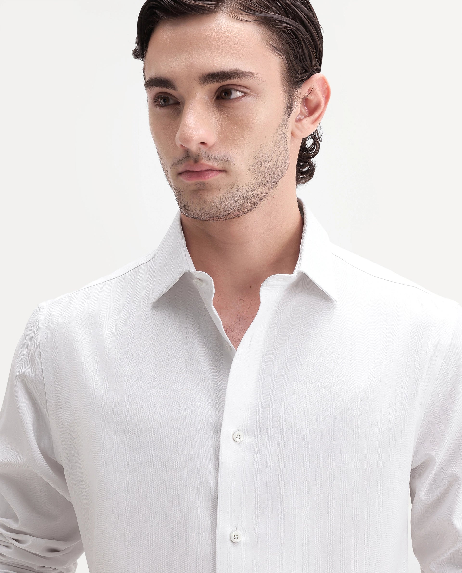 Rare Rabbit Men's Farga Primary White Cotton Spread Collar Regular Plain Shirt