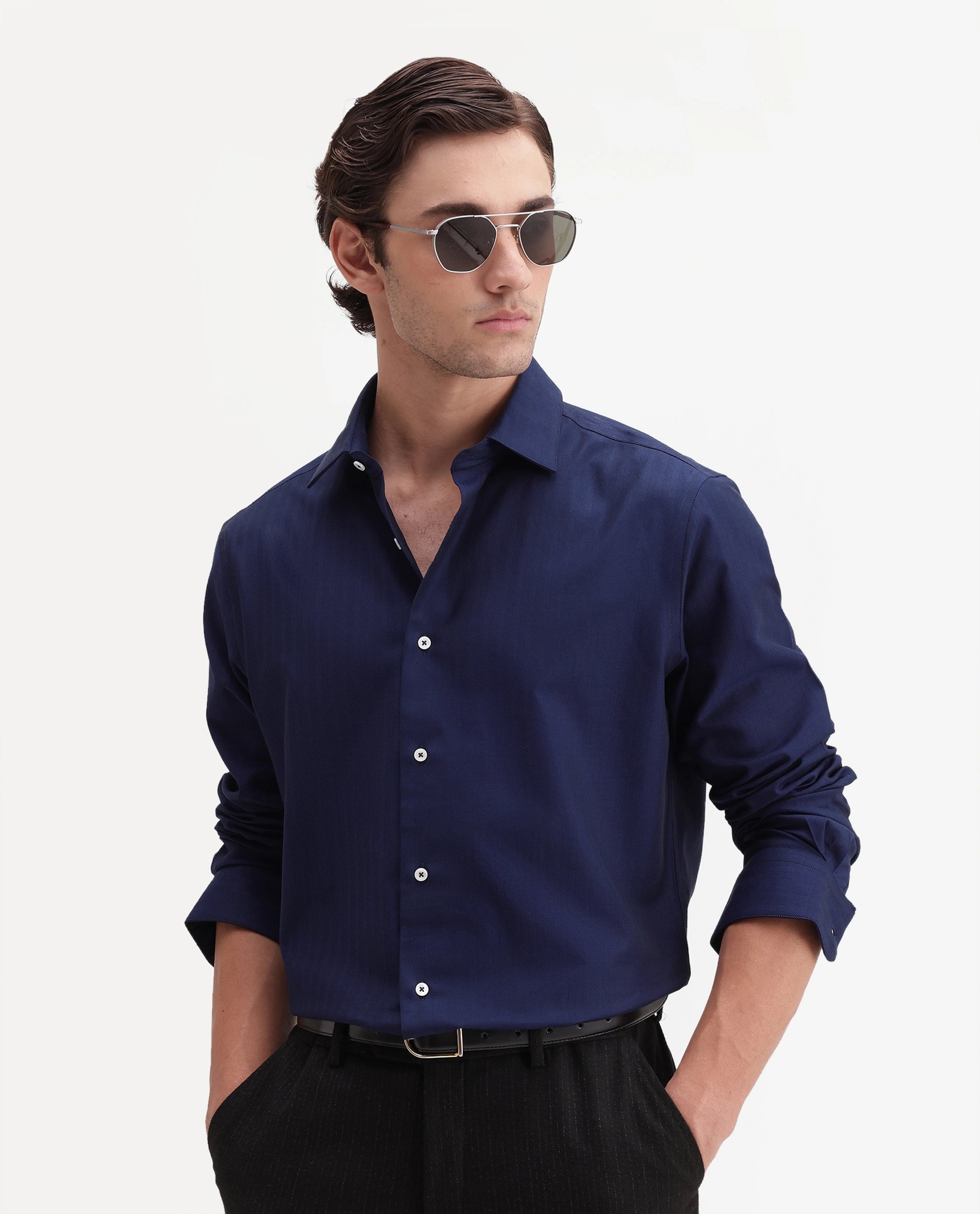 Rare Rabbit Men's Farga Primary Navy Cotton Spread Collar Regular Plain Shirt