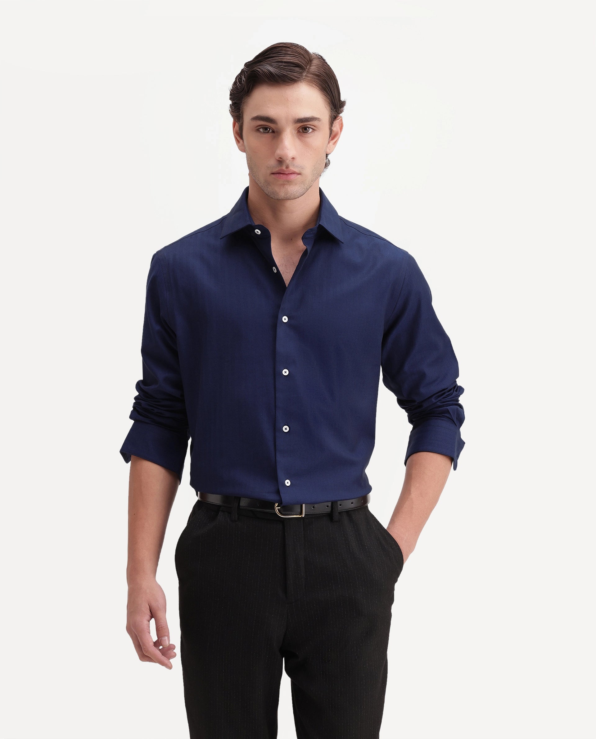 Rare Rabbit Men's Farga Primary Navy Cotton Spread Collar Regular Plain Shirt