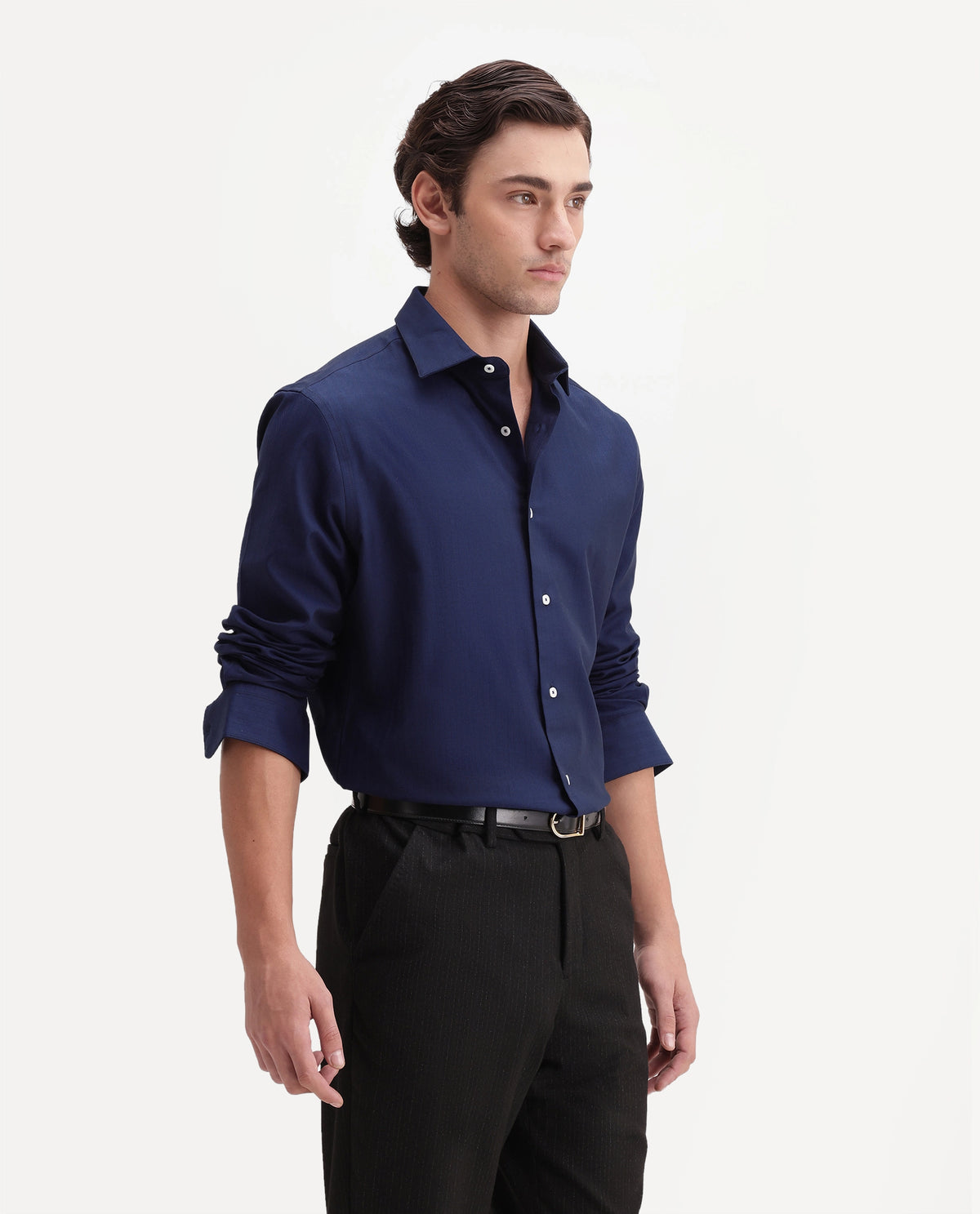 Rare Rabbit Men's Farga Primary Navy Cotton Spread Collar Regular Plain Shirt